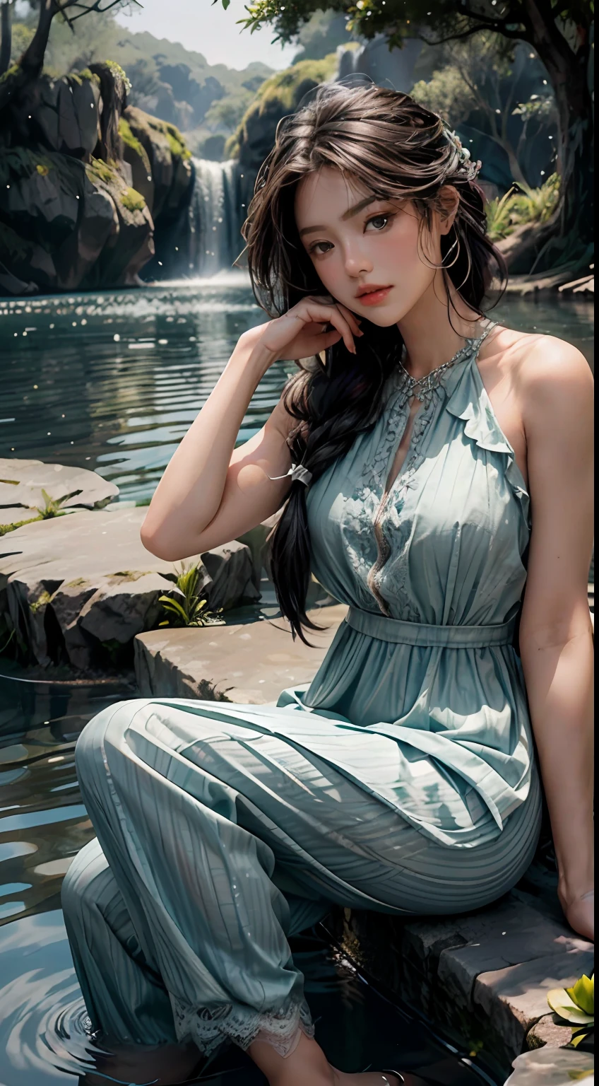 Sitting on the edge of a circular lake, feet playing in the water, The art depicts a charming woman with a melon face, vestido em um fluxo, Vestido oriental tradicional sedoso, lilac, decorated with intricate patterns and bright colors. Her dress drapes elegantly over her curvy figure, acentuando sua silhueta sedutora. She sits gracefully by the tranquil lotus lake, her feet playing in the water, banhado pelo brilho suave do luar. The scene exudes an ethereal and dreamy atmosphere, with a touch of mystery and sexiness. The graphic style blends watercolor and digital illustration techniques to evoke a refined beauty and charm. The lights are filled with soft moonlight, casting soft highlights and shadows on her charming features. coxas abertas, long lace pants, seios grandes, three-dimensional facial features, sentado, pernas viradas para cima, Side braids