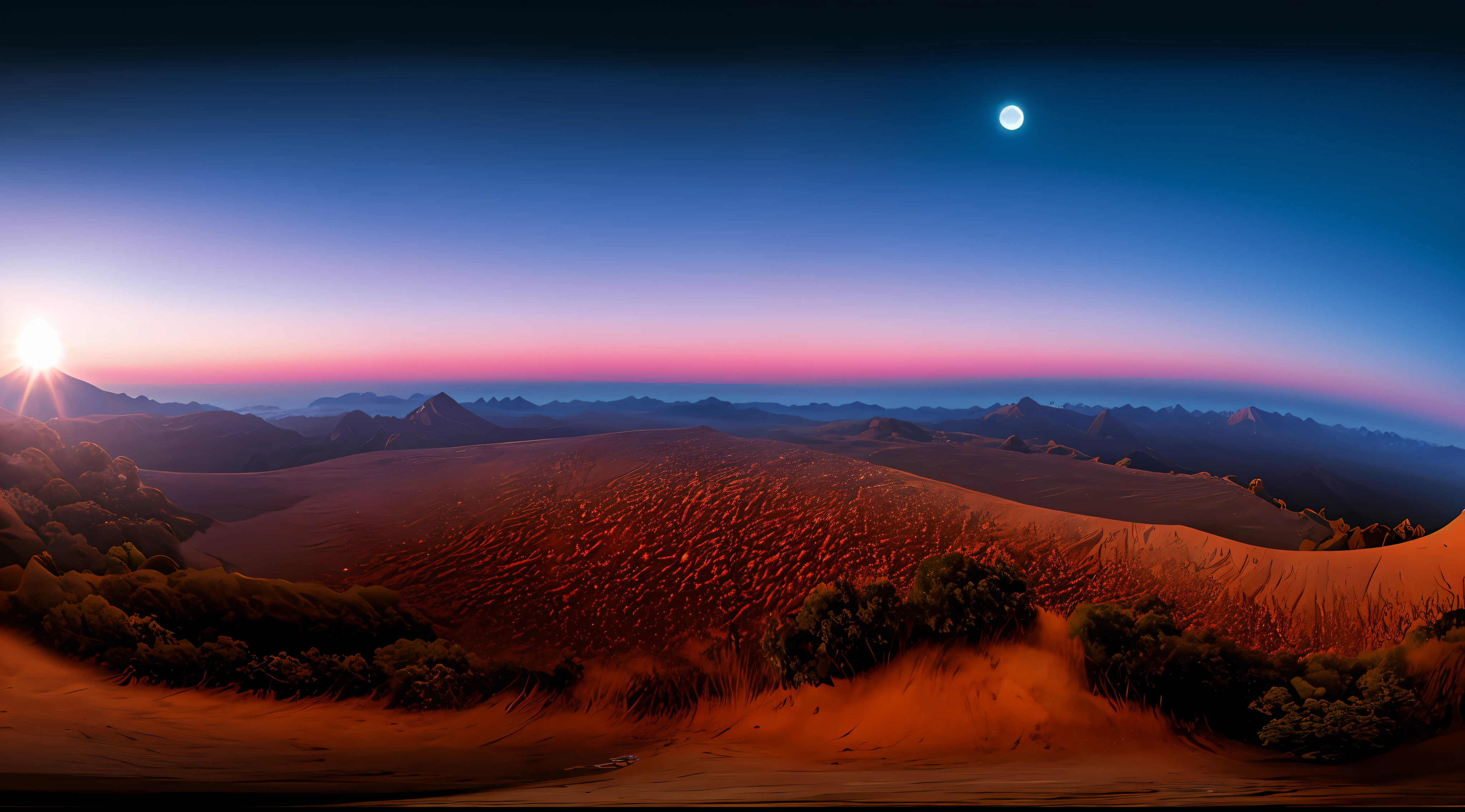 Panorama de la superficie lunar cuando el sol se oculta detras del horizonte lunar , desde un punto alto, se ve un panorama amplio, brillo nocturno, vista lejana, realista, Warm and enveloping light, Rich, realitic colours, hermoso, fotografia expansiva, , Positive film, estilo naturalista, High Definition Filming,obra maestra, experta, Incredibly detailed, compositing, encuadre, centrada, simetry, pintada, intrincada, volumetric illumination, hermosa, rica obra maestra , foco nítido, ultra detallado, Super renderizado en octanaje renderizado, Renderizado en Cinema 4D, Renderizado en Cinema4D, creado en octane render, Render de octanaje colorido, renderizado en renderizado de octano, global ilumination. VFX, Renderizado en octanaje renderizado 32K, Renderizado en Cinema 4 D