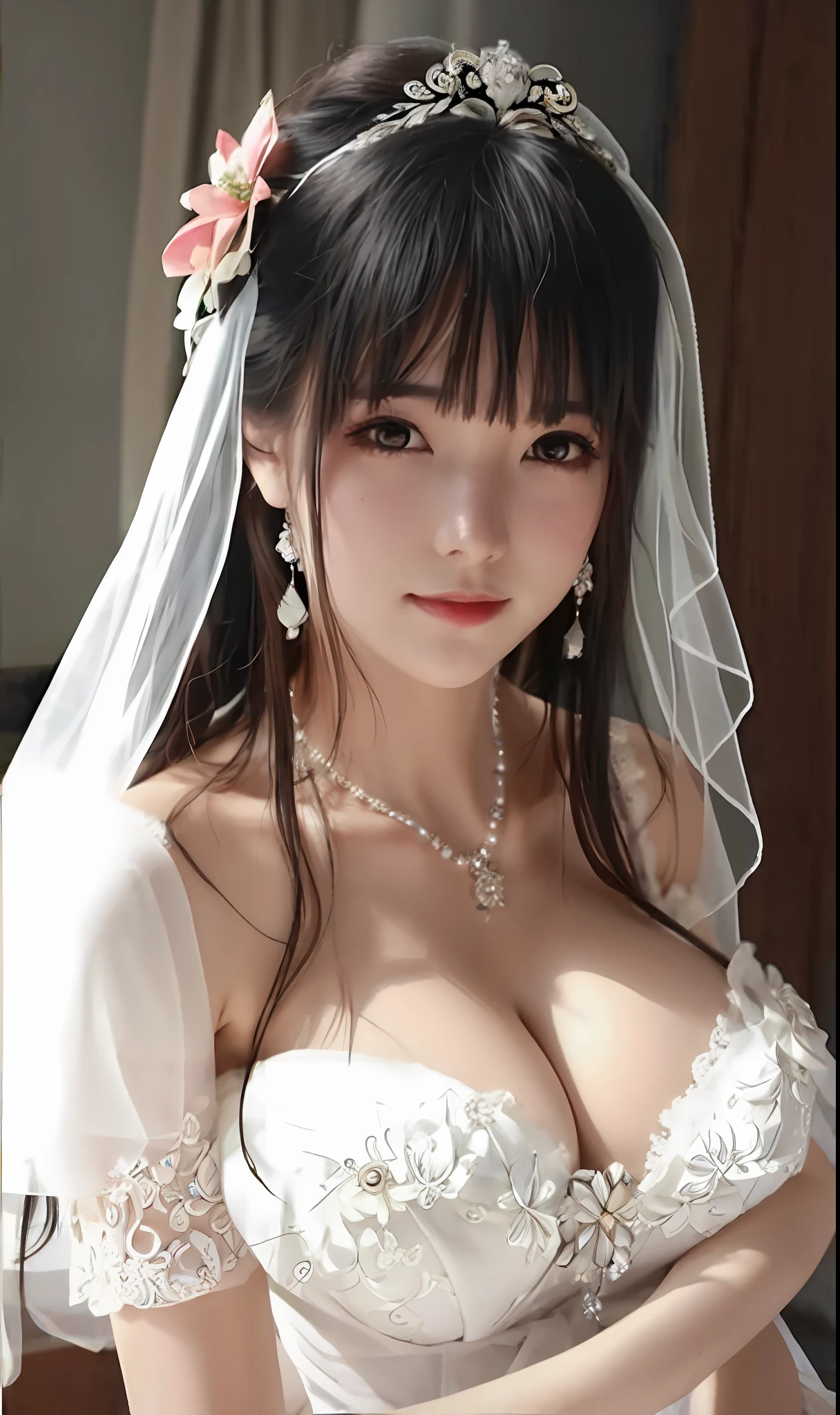 Beautiful bride,Head flower，headdress，（Bandeau wedding dress：1.5），（Silk dress：1.2），dress，necklace，earring，huge tit，Neck ornaments，Deep V peach heart collar wedding dress，Liuhai，Bouquet，mitts，Bridal veil，Transparent veil，Bust photo,（Strapless wedding dress：1.5）,full bodyesbian,lipstick