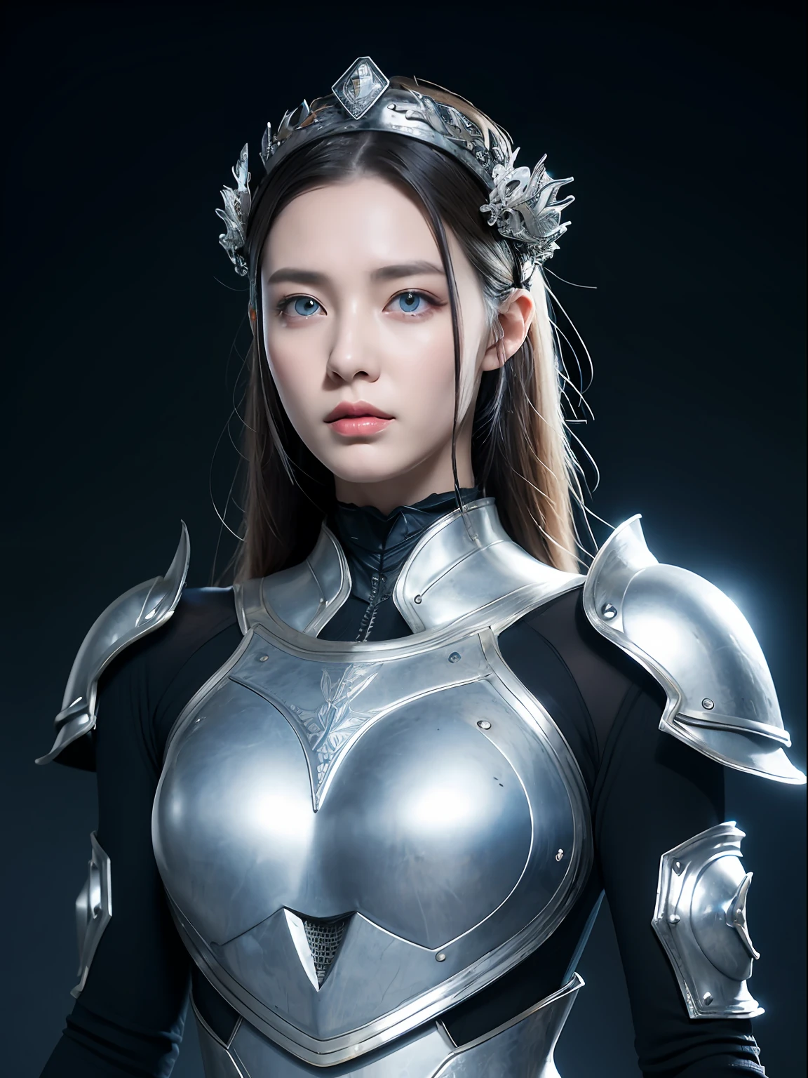 Masterpiece, Best quality, high resolution, 8K, Portrait, Realistic photo,（ Combine clothing with Korean fashion design），Digital photography, full bodyesbian, 1 16-year-old girl, (Cyborg), Beautiful blue-gray gradient long hair, Blue eyes, Intricate, elegant, Highly detailed, The crown of evil, Black dress, ,Silver metal exoskeleton armor, Intricate knightly hollow armor,power armour, Openwork design, mechanical structure, Photo pose, Solemn,, Red lips, From the movie《Final Fantasy XV》.Metallic texture, oc rendered，Reflective texture, ((Clothing cutting)), ((Set against the backdrop of the castle and the huge Moster))