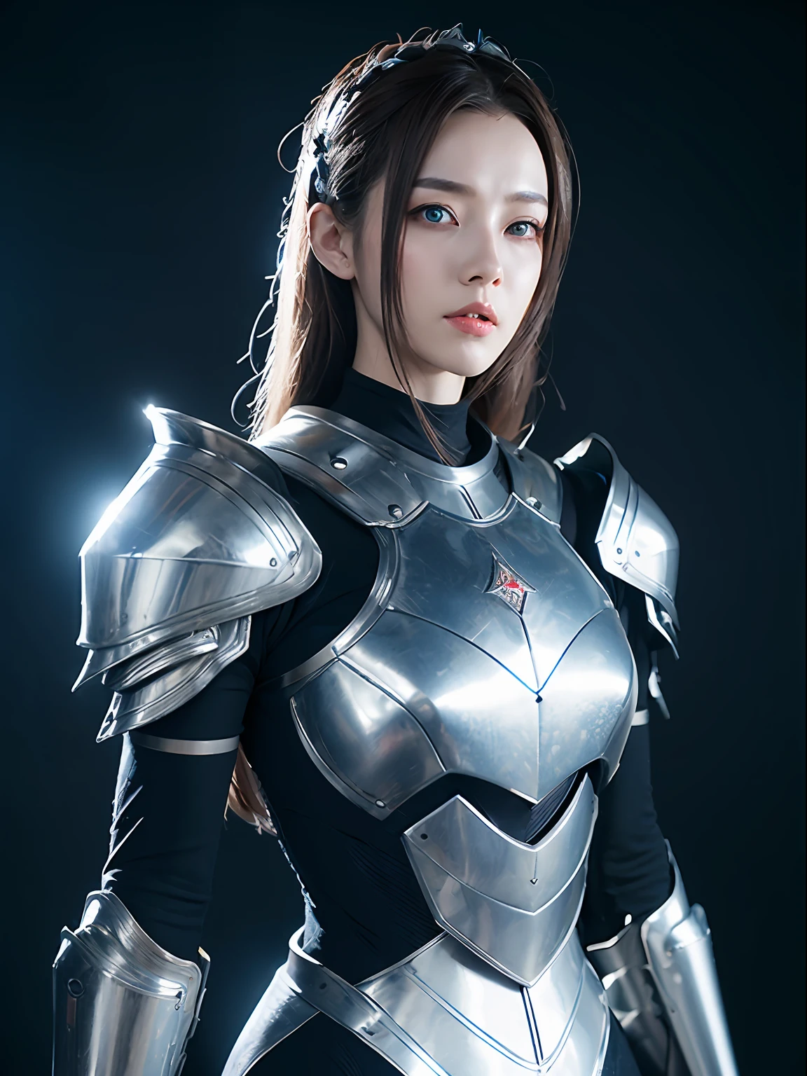 Masterpiece, Best quality, high resolution, 8K, Portrait, Realistic photo,( Combine clothing with Korean fashion design),Digital photography, full bodyesbian, 1 -yeld gi (Cyborg), Beautiful blue-gray gradient long hair, Blue eyes, Intricate, elegant, Highly detailed, The crown of evil, Black dress, ,Silver metal exoskeleton armor, Intricate knightly hollow armor,power armour, Openwork design, mechanical structure, Photo pose, Solemn,, Red lips, From the movie《Final Fantasy XV》.Metallic texture, oc rendered,Reflective texture, ((Clothing cutting)), ((Set against the backdrop of the castle and the huge Moster))