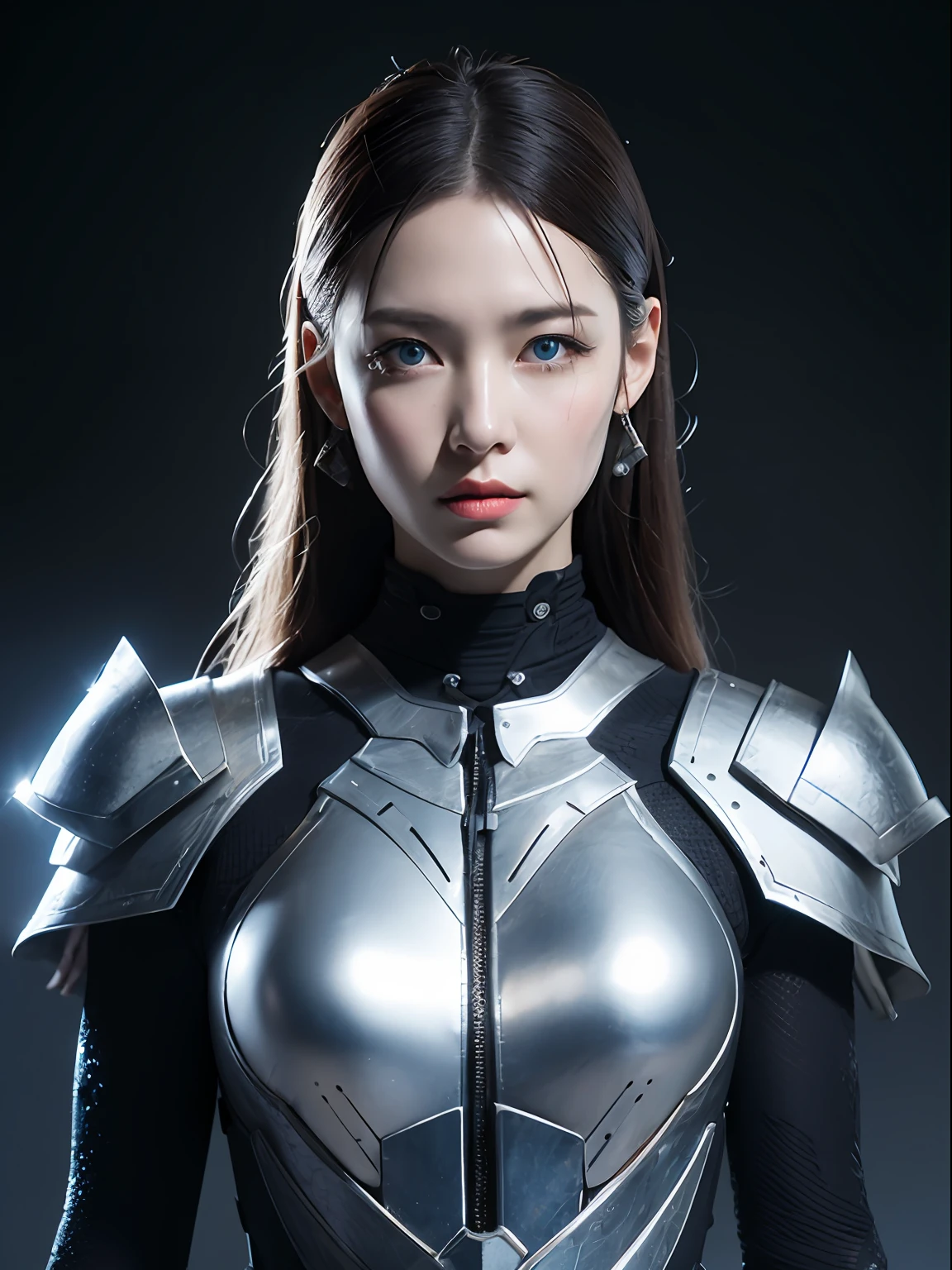 Masterpiece, Best quality, high resolution, 8K, Portrait, Realistic photo,（ Combine clothing with Korean fashion design），Digital photography, full bodyesbian, 1 16-year-old girl, (Cyborg), Beautiful blue-gray gradient long hair, Blue eyes, Intricate, elegant, Highly detailed, The crown of evil, Black dress, ,Silver metal exoskeleton armor, Intricate knightly hollow armor,power armour, Openwork design, mechanical structure, Photo pose, Solemn,, Red lips, From the movie《Final Fantasy XV》.Metallic texture, oc rendered，Reflective texture, ((Clothing cutting)), ((Set against the backdrop of the castle and the huge Moster))