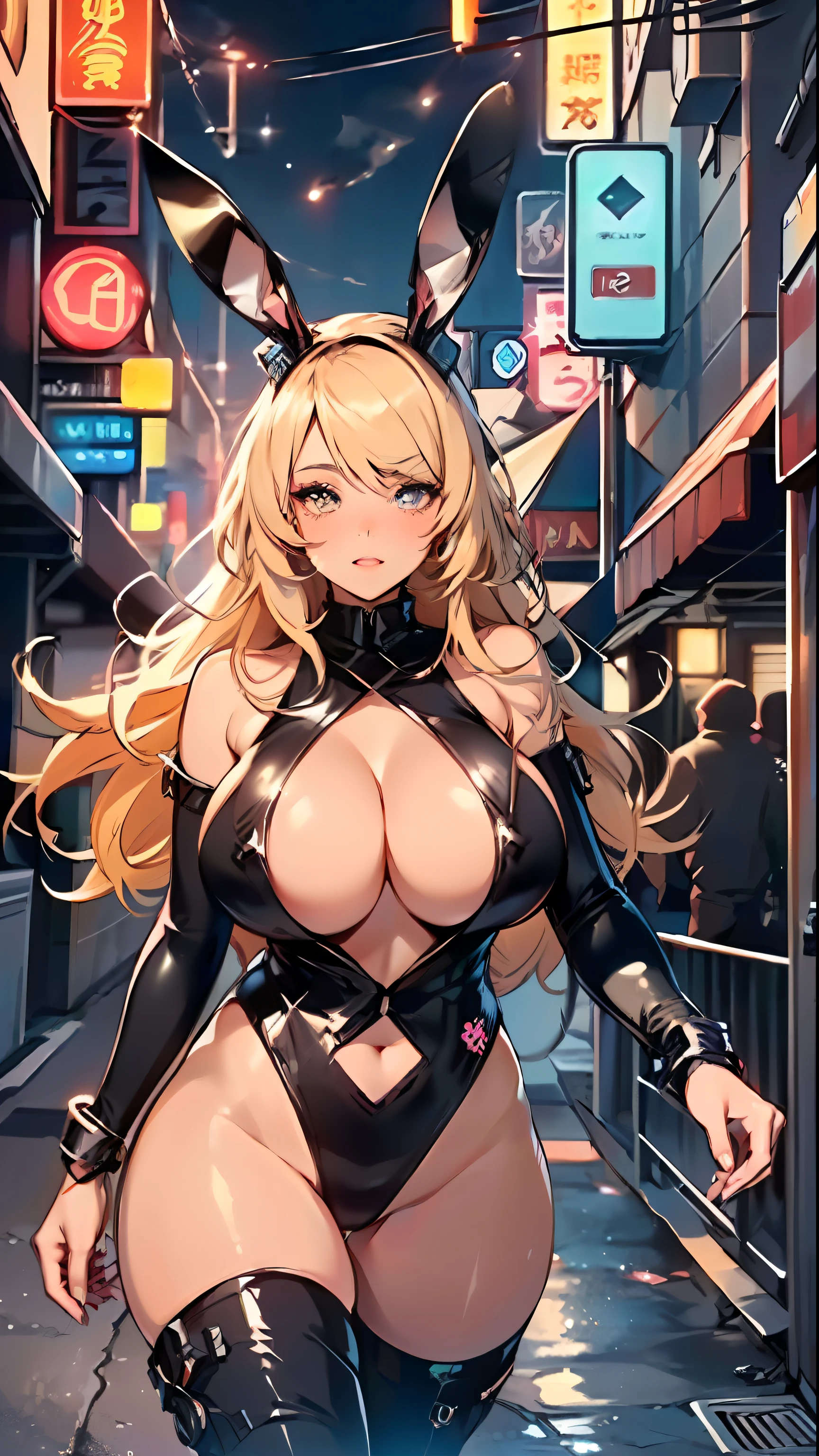 cute bunny girl,(((1girl))),((anime bunny girl with extremely cute and beautiful blonde hair walking seductively down the street)),(((bunny girl,anthro furry cute,bunny-girl))),(((bunny ears,bunny ears on head,big bunny ears))),
(large breasts:1.4),saggy breasts,(((blonde hair:1.35,colored inner hair,ear breathing,long hair))),((heterochromia, eye1 rgreen eye2 orange, perfect eyes, upturned eyes:1.3, beautiful detailed eyes, finely detailed beautiful eyes:1, big highlight on eyes:1.2, slanted eyes)), ((fat)),(((lustrous skin:1.5,bright skin: 1.5,skin tanned,shiny skin,very shiny skin,shiny body,plastic glitter skin,exaggerated shiny skin))),(spider lower abdomen,narrow waist,wide hip,athletic body,inflated legs,delicate detailed fingers,detailed body,detailed arms,human hands, detailed hands),
cute,slutty,seductive,erotic,(((nsfw))),
(((slingshot swimsuit))), (((huge cleavage))), (detailed outfit,detailed clothes),
(dynamic pose:1.0), solo focus, embarrassed, centered, scale to fit dimensions, Rule of thirds,
outdoors, ((night view)), (cyberpunk night street Background: 1.5,dark sky,alleyway,lonely alley,thick clouds, detailed background:1.25),
(best quality), (high resolution), (sharp focus), (ultra detailed), (extremely detailed), (extremely high quality artwork), 8k_wallpaper, (extremely detailed CG 8k),(very fine 8K CG), ((hyper super ultra detailed perfect piece)), flawless, (((masterpiece))), illustration, vibrant colors, (intricate), High contrast, Selective lighting, Double exposure, HDR (High Dynamic Range), Post-processing, Background blur,