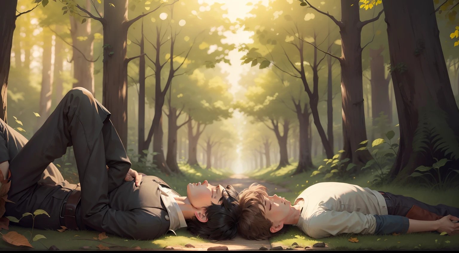 Two boys, laying, with their eyes closed, in a forest.