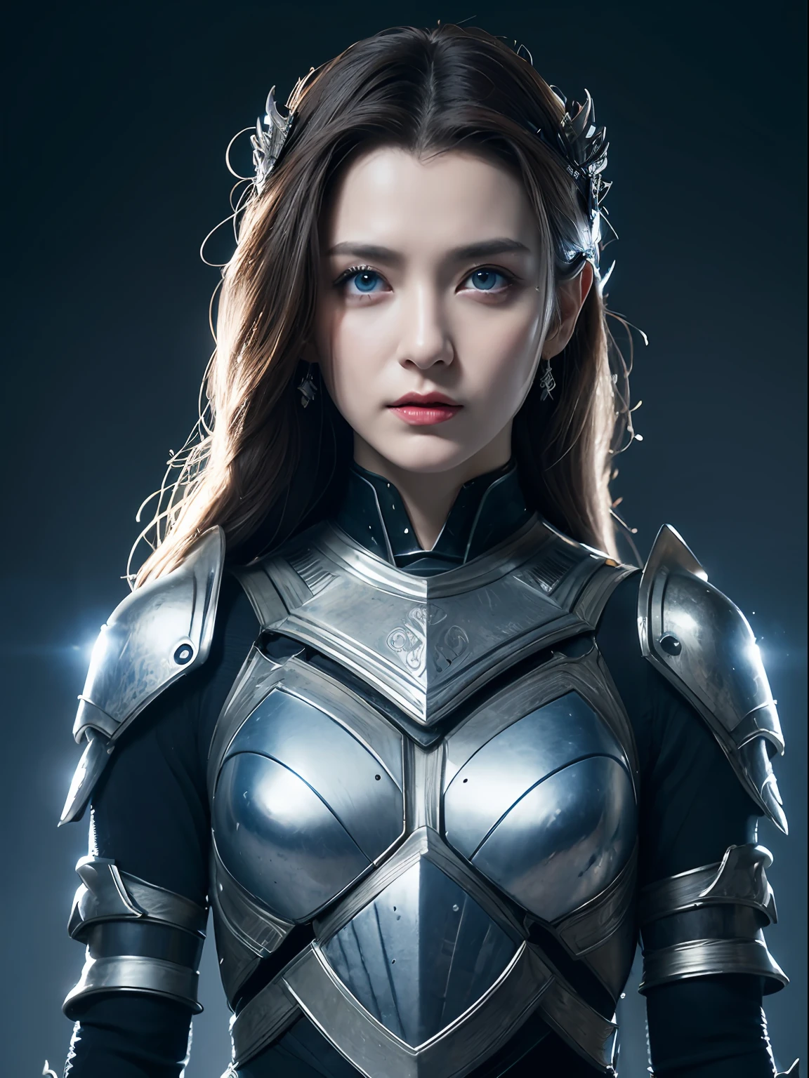 Masterpiece, Best quality, high resolution, 8K, Portrait, Realistic photo,( Combine clothing with Korean fashion design),Digital photography, full bodyesbian, 1 -yeld gi (Cyborg), Beautiful blue-gray gradient long hair, Blue eyes, Intricate, elegant, Highly detailed, The crown of evil, Black dress, ,Silver metal exoskeleton armor, Intricate knightly hollow armor,power armour, Openwork design, mechanical structure, Photo pose, Solemn,, Red lips, From the movie《Final Fantasy XV》.Metallic texture, oc rendered,Reflective texture, ((Clothing cutting)), ((Set against the backdrop of the castle and the huge Moster))