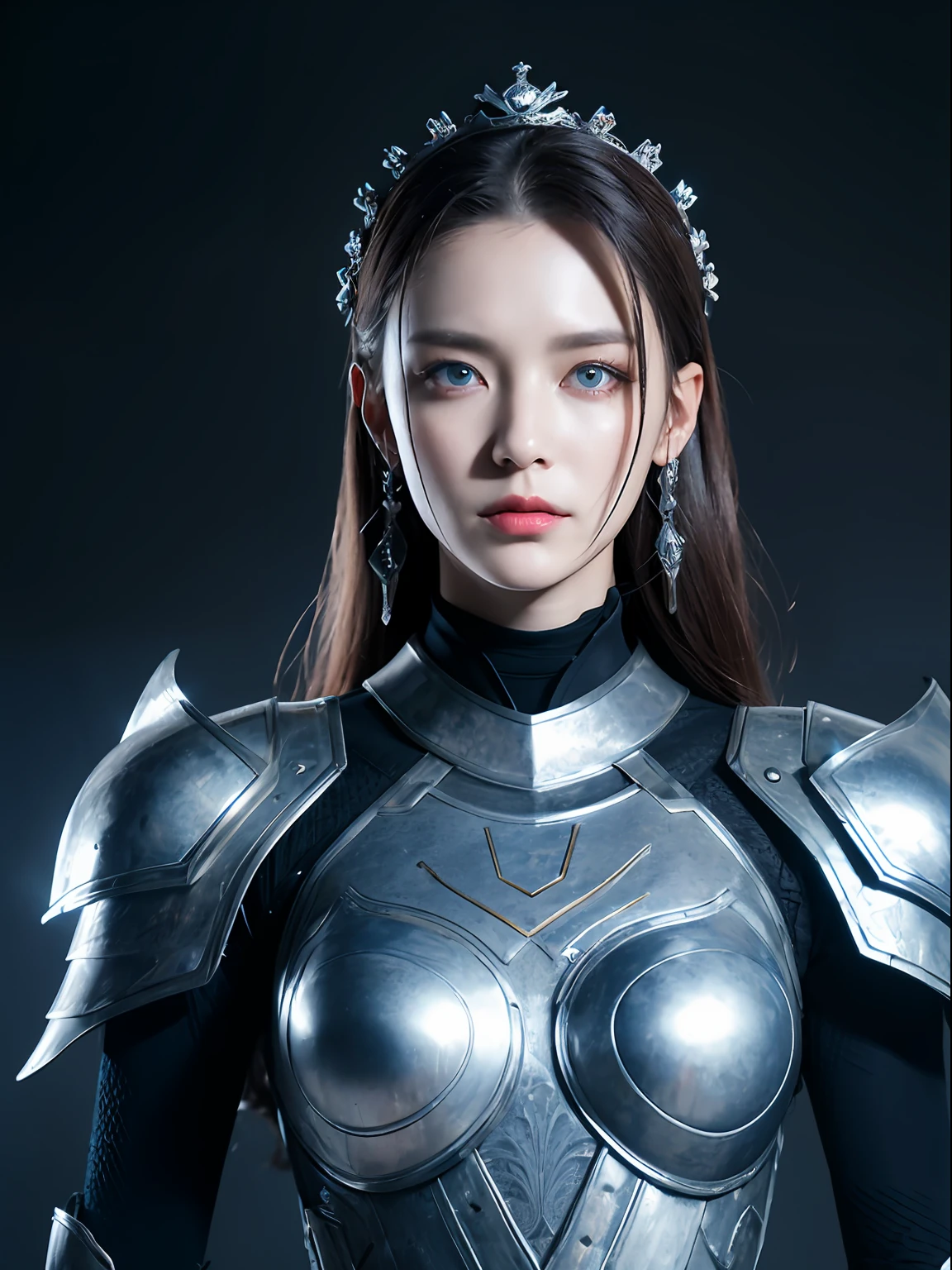 Masterpiece, Best quality, high resolution, 8K, Portrait, Realistic photo,（ Combine clothing with Korean fashion design），Digital photography, full bodyesbian, 1 -yeld gi (Cyborg), Beautiful blue-gray gradient long hair, Blue eyes, Intricate, elegant, Highly detailed, The crown of evil, Black dress, ,Silver metal exoskeleton armor, Intricate knightly hollow armor,power armour, Openwork design, mechanical structure, Photo pose, Solemn,, Red lips, From the movie《Final Fantasy XV》.Metallic texture, oc rendered，Reflective texture, ((Clothing cutting)), ((Set against the backdrop of the castle and the huge Moster))