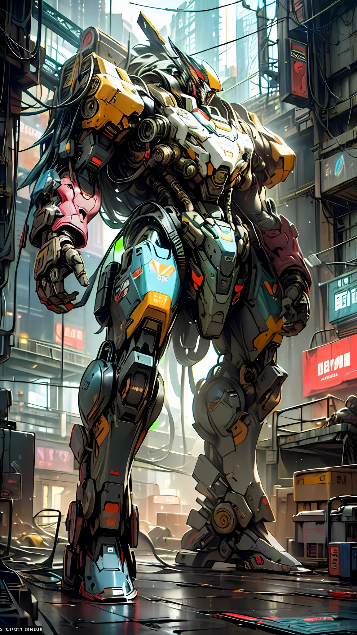 ((A visually immersive Cyberpunk Mecha action scene)) cobra vida con texturas profundas e intrincadas, reminiscent of a semi-realistic caustic art style inspired by the iconic DC Comics covers in the 90s. This artwork will be a stunning digital illustration, Capture the essence of cybernetic wonders and intense action. The scene will be set in a futuristic cyberpunk cityscape, with neon lights and towering skyscrapers, Immerse yourself in a world of technology and chaos. The mecha warriors and their high-tech machines will face off in a fierce and adrenaline-filled battle.., Showcasing the Fusion of Humans Resilience and War Cutting-edge Mecha. The artwork will be inspired by the authentic artistic style of Artgerm Lau, Delivering a faithful representation of DC Comics covers from the 90s, lleno de profundidad y cautivador Detalles. The goal is to create a visually captivating masterpiece that pays homage to the golden age of comics while infusing it with the exciting world of Cyberpunk Mecha Action...( arte oficial)highres noiseoffset