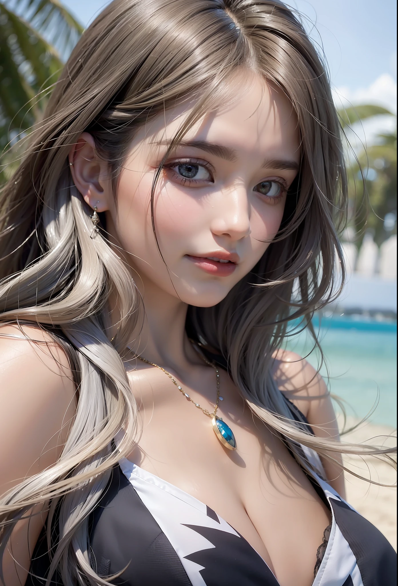 a beautiful female, three kind of styles, Cape hood, micro skirt, beautiful beach, white sands, sunlight on the female's face, gradient hair, black hair, silver hair, long hair, hair behind ear, eye reflection, panorama, ray tracing, reflection light, chiaroscuro, masterpiece, best quality, high quality, ccurate, anatomically correct, textured skin, shiny oiled skin, high details, UHD, HD