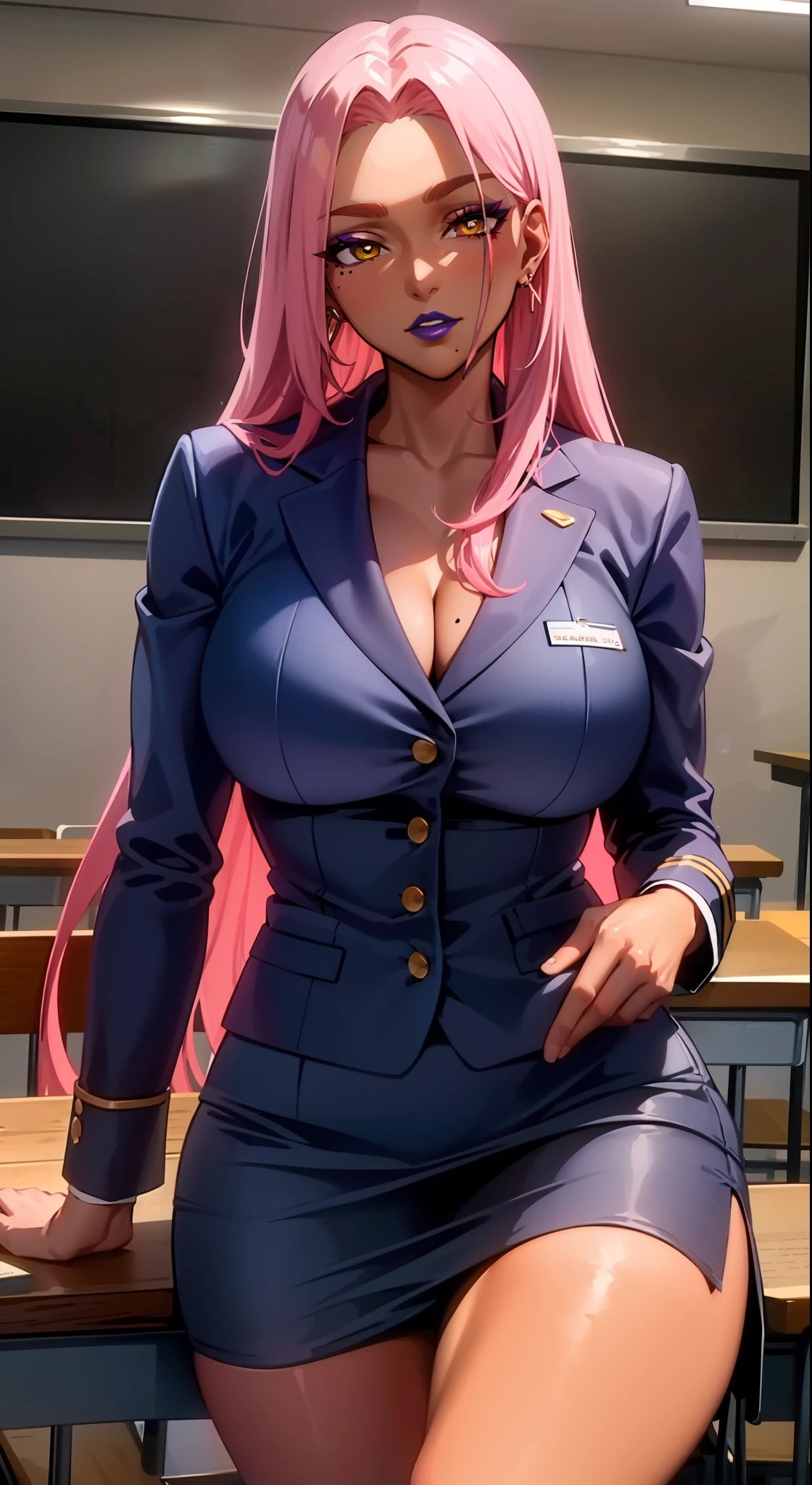 (masterpiece, highres, best quality:1.3), 8K, highly detailed, intricate, colorful, vibrant image, sharp focus, digital blending, 4K, trending on pixiv Ingrid, ((mid high school uniform)), solo, mature female, 40yo, milf, curvy, (dark skinned female:1.15), dark skin, posing, classroom, book, book on table, sitting on chair, leaning to table, (caring look:1.2), looking at viewer, cowboy shot, pink hair, very long hair, forehead, hair intakes, purple lipstick, makeup, mole under mouth, yellow eyes, perfect eyes, perfect face, ultra detailed hair, ultra detailed face, earrings, ultra detailed lips, large breasts, ultra detailed lipstick, anime style