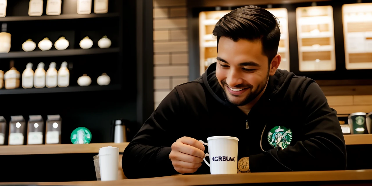 Full shot, wide angle shot, man sitting inside starbucks, intricate details, coffee, realistic, happy face