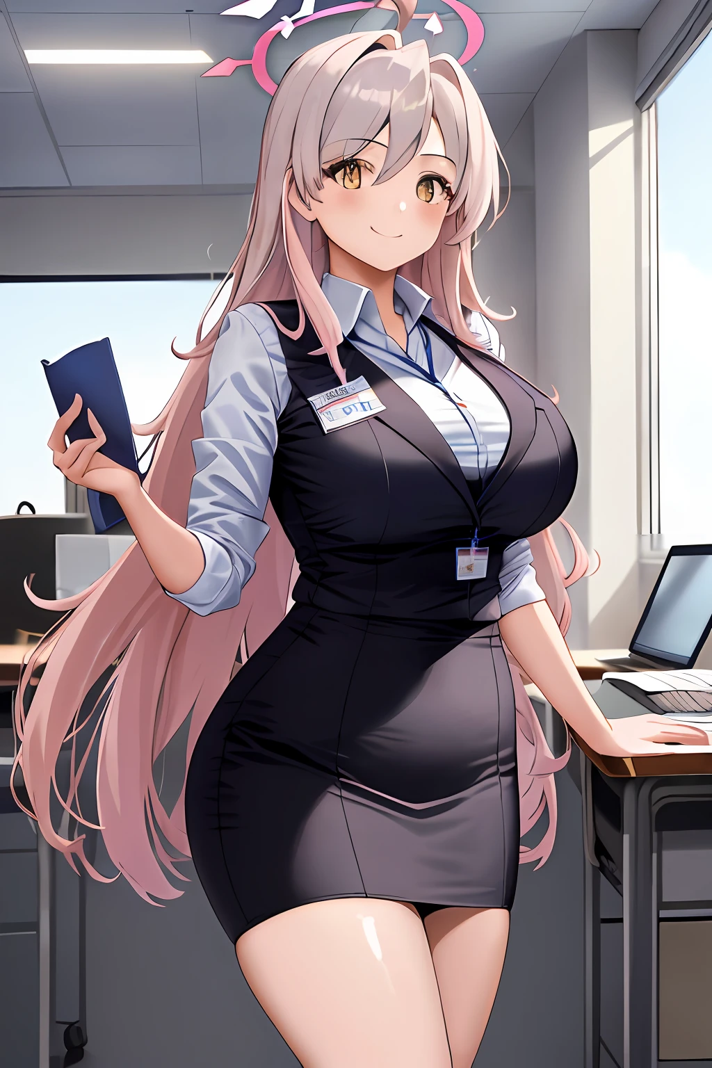 ((masterpiece, best quality)), (1girl),((mature female)), lightpink hair, halo, horn, ((office lady )),bangs,middle breast,(busty),slim,smile, [wide hips],office,standing, aru \(blue archive\),