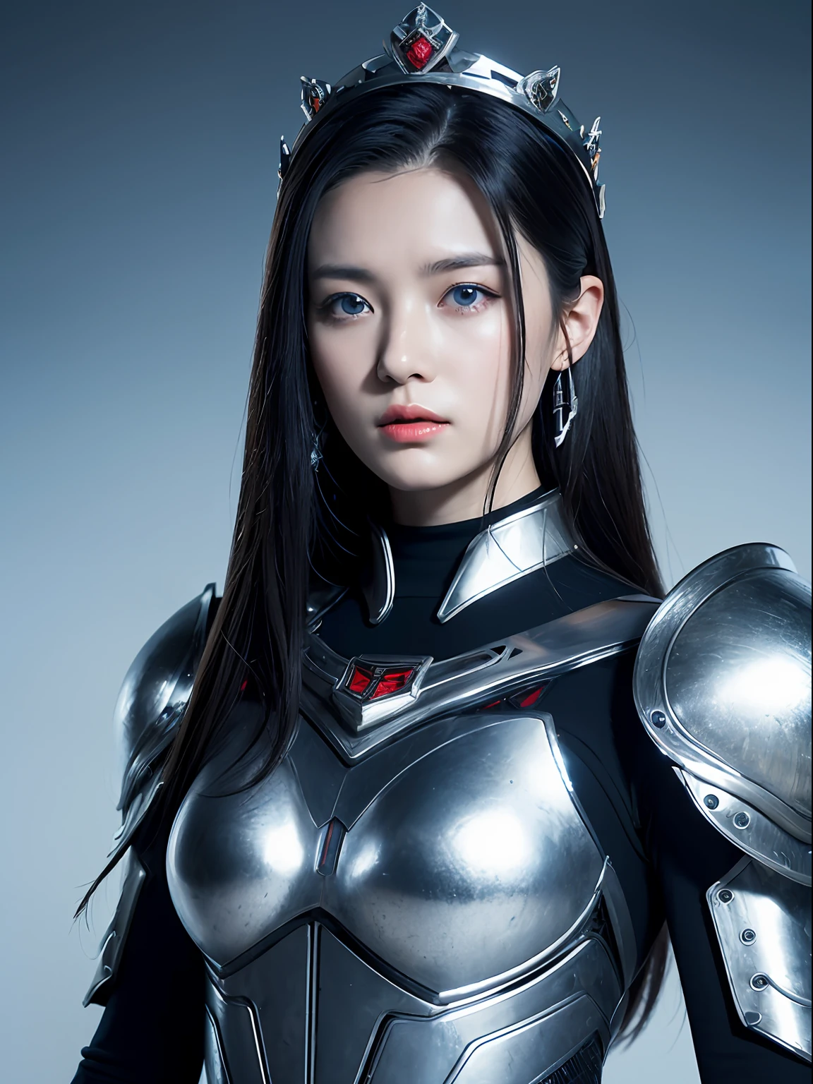 Masterpiece, Best quality, high resolution, 8K, Portrait, Realistic photo,( Combine clothing with Korean fashion design),Digital photography, full bodyesbian, 1 16-year-old girl, (Cyborg), Beautiful blue-gray gradient long hair, Blue eyes, Intricate, elegant, Highly detailed, The crown of evil, Black dress, ,Silver metal exoskeleton armor, Intricate knightly hollow armor,power armour, Openwork design, mechanical structure, Photo pose, Solemn,, Red lips, From the movie《Final Fantasy XV》.Metallic texture, oc rendered,Reflective texture, ((Clothing cutting)), ((Set against the backdrop of the castle and the huge Moster))