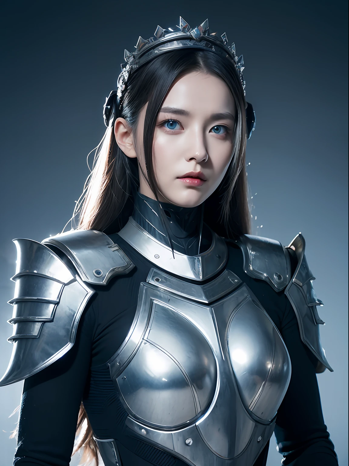 Masterpiece, Best quality, high resolution, 8K, Portrait, Realistic photo,（ Combine clothing with Korean fashion design），Digital photography, full bodyesbian, 1 16-year-old girl, (Cyborg), Beautiful blue-gray gradient long hair, Blue eyes, Intricate, elegant, Highly detailed, The crown of evil, Black dress, ,Silver metal exoskeleton armor, Intricate knightly hollow armor,power armour, Openwork design, mechanical structure, Photo pose, Solemn,, Red lips, From the movie《Final Fantasy XV》.Metallic texture, oc rendered，Reflective texture, ((Clothing cutting)), ((Set against the backdrop of the castle and the huge Moster))