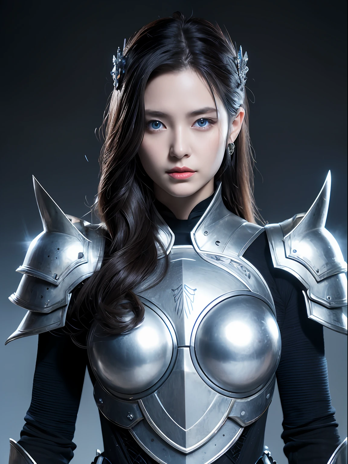 Masterpiece, Best quality, high resolution, 8K, Portrait, Realistic photo,( Combine clothing with Korean fashion design),Digital photography, full bodyesbian, 1 , (Cyborg), Beautiful blue-gray gradient long hair, Blue eyes, Intricate, elegant, Highly detailed, The crown of evil, Black dress, ,Silver metal exoskeleton armor, Intricate knightly hollow armor,power armour, Openwork design, mechanical structure, Photo pose, Solemn,, Red lips, From the movie《Final Fantasy XV》.Metallic texture, oc rendered,Reflective texture, ((Clothing cutting)), ((Set against the backdrop of the castle and the huge Moster))