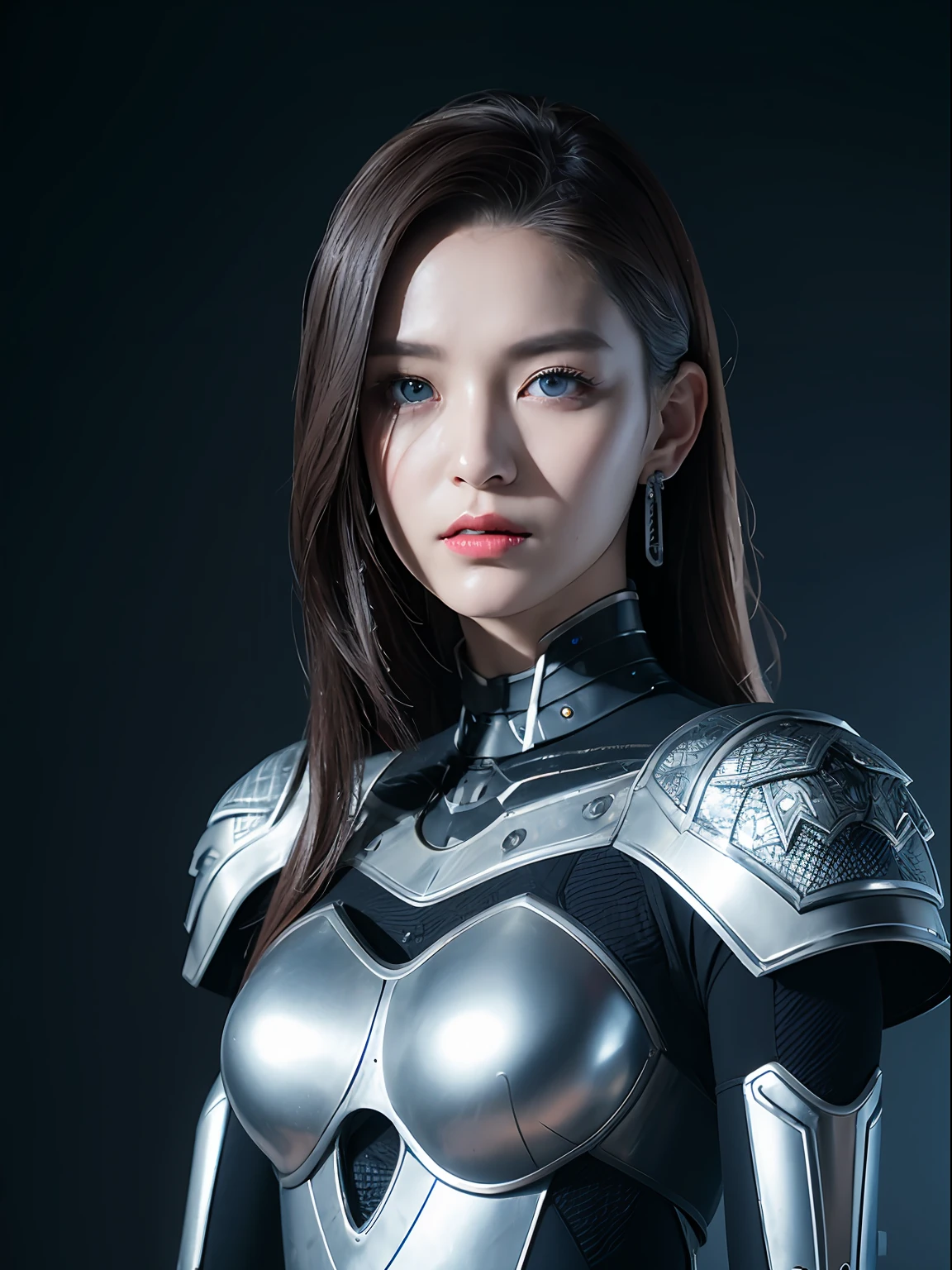 Masterpiece, Best quality, high resolution, 8K, Portrait, Realistic photo,( Combine clothing with Korean fashion design),Digital photography, full bodyesbian, 1 16-year-old girl, (Cyborg), Beautiful blue-gray gradient long hair, Blue eyes, Intricate, elegant, Highly detailed, The crown of evil, Black dress, ,Silver metal exoskeleton armor, Intricate knightly hollow armor,power armour, Openwork design, mechanical structure, Photo pose, Solemn,, Red lips, From the movie《Final Fantasy XV》.Metallic texture, oc rendered,Reflective texture, ((Clothing cutting)), ((Set against the backdrop of the castle and the huge Moster))