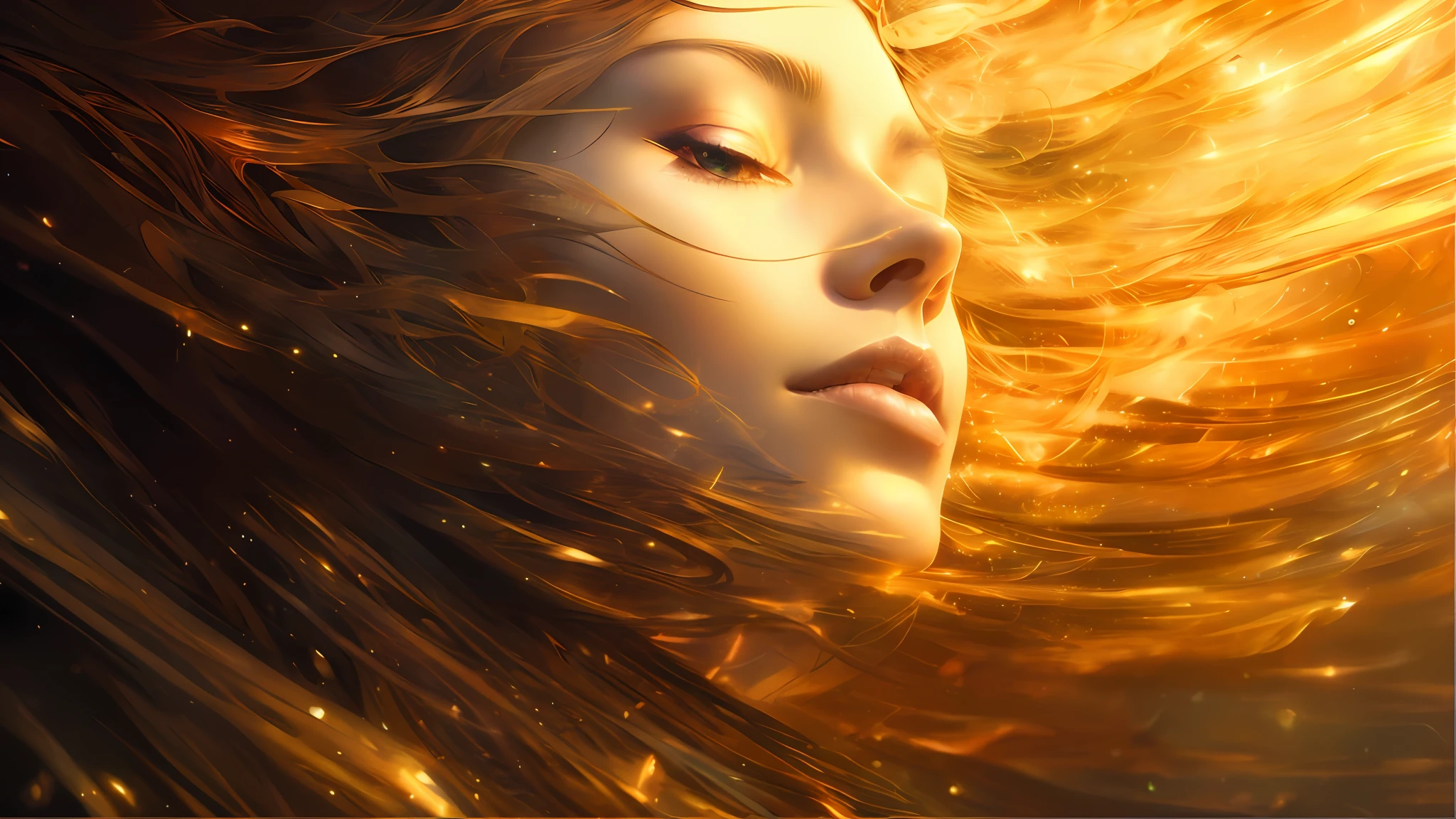 arafed image of a woman with long hair blowing in the wind, beautiful fantasy art portrait, karol bak uhd, beautiful gorgeous digital art, gorgeous digital art, very beautiful digital art, glowing flowing hair, glowing golden aura, beautiful digital art, karol bak and peter mohrbacher, breathtaking digital art, glowing magical shiny skin, flowing glowing hair