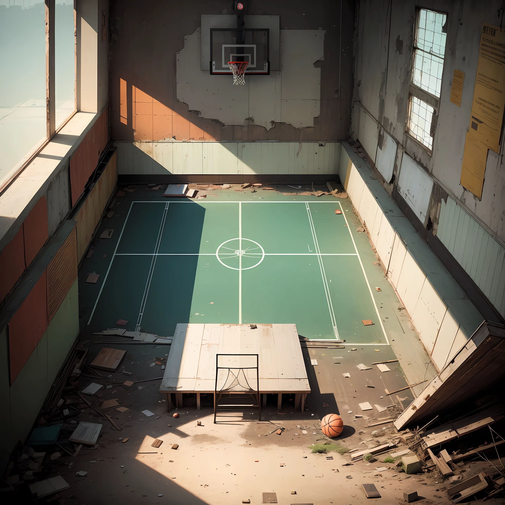 The inside of an abandoned basketball court, in the style of dan matutina, rudy siswanto, sovietwave, birds - eye - view, progressive academia, chaotic academia, traditional