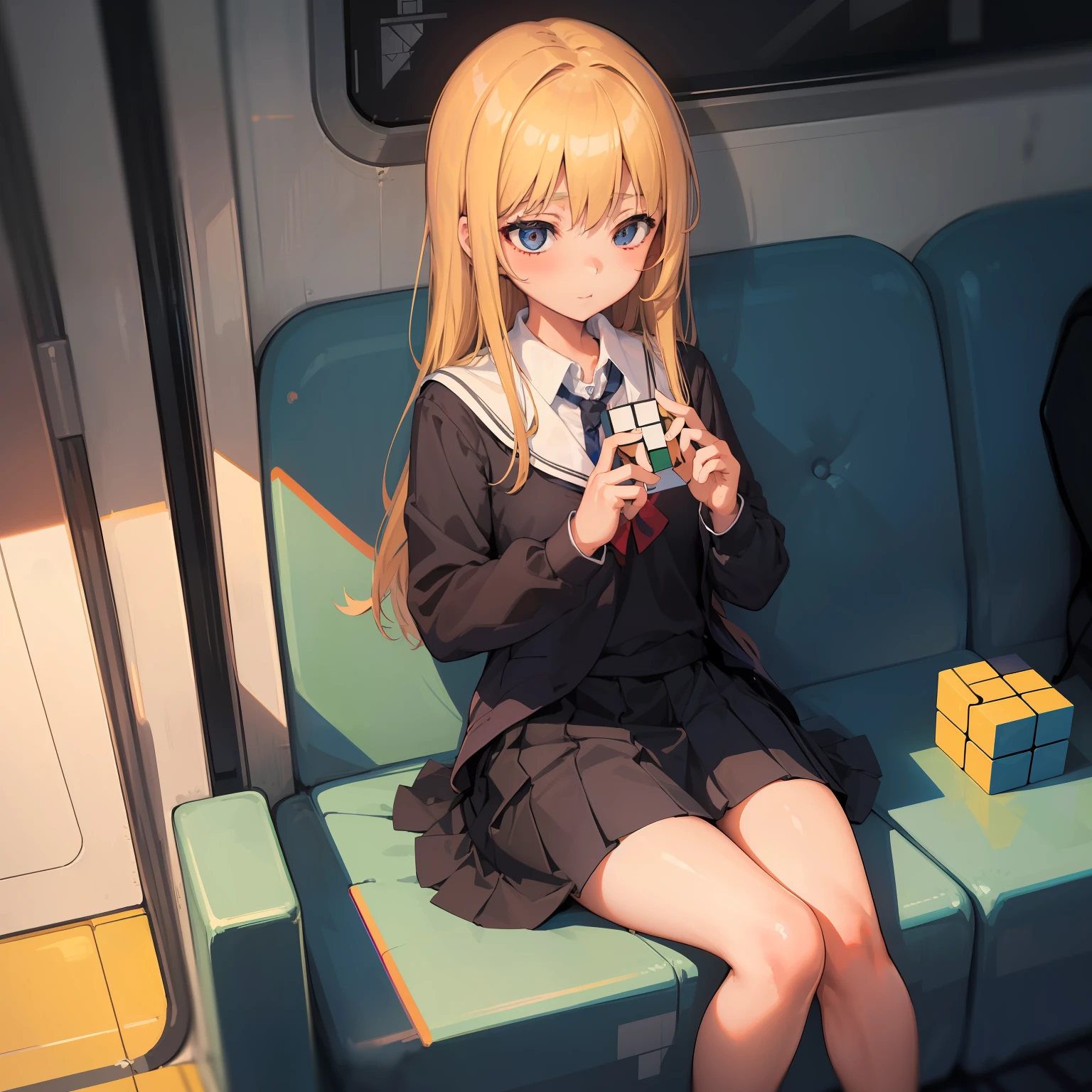 (masterpiece, best quality), amazing details, 1girl, schoolgirl, teenim, flat chest, school uniform, (solving a Rubik's cube), closeup, sitting in a train, volumetric lighing, best shadows, wide angle, white, bright