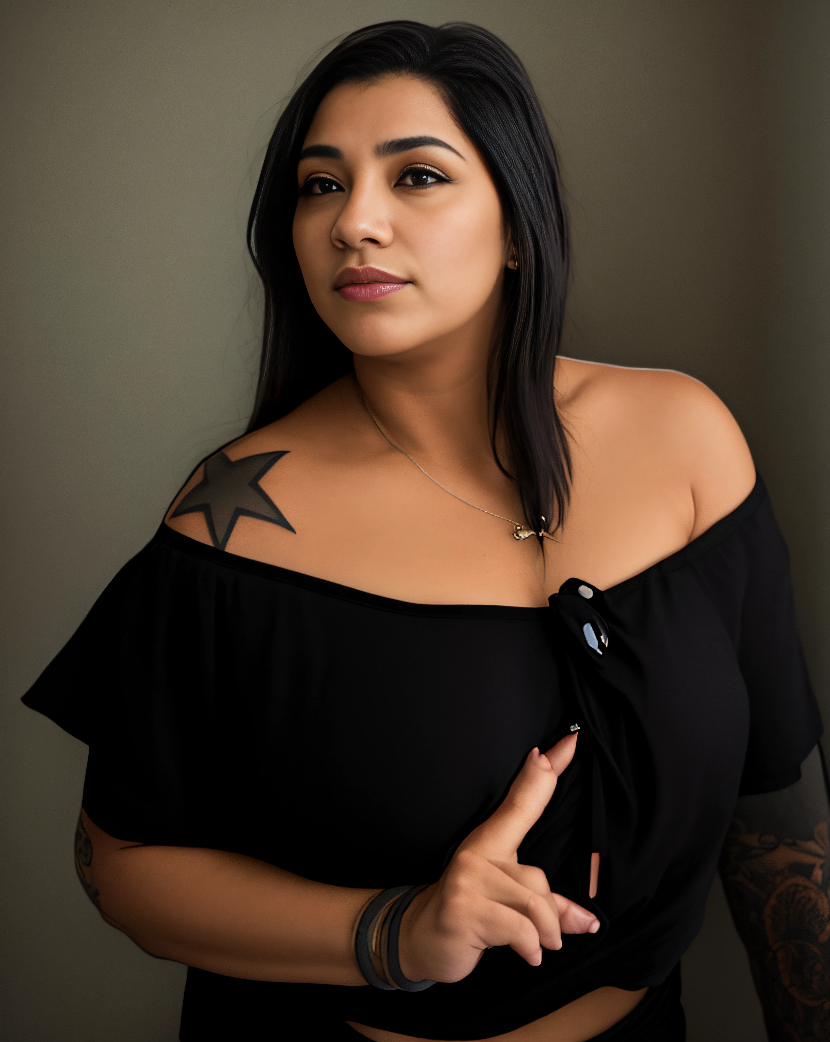 There's a woman with a star-shaped tattoo on her right shoulder and a black top, photo from behind, Foto de um ensaio promocional, imagem retrato, retrato promocional, retrato photoshoot, Tiro de glamour, Retrato de meio corpo, Alanis Guillen, Foto de perfil, Foto de uma mulher, foto ao lado, retrato de perfil, imagem de perfil, foto headshot