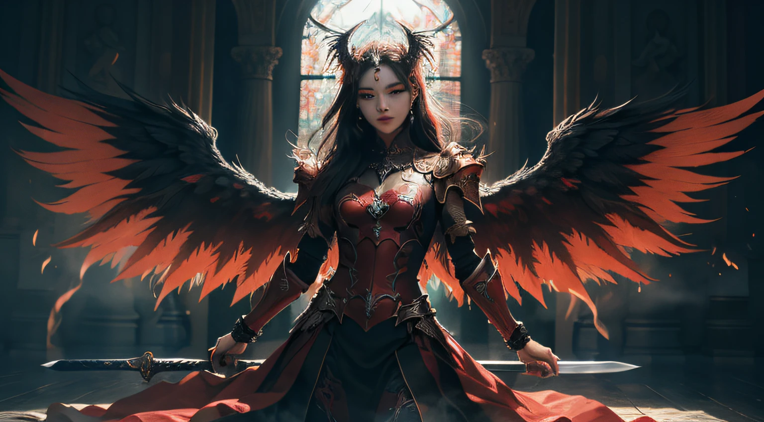 (extremely detailed CG unity 8k wallpaper,masterpiece, best quality, ultra-detailed, beautiful detailed eyes:1.2),best illumination, (best shadow, an extremely delicate and beautiful, bloom),
1gril,solo,red eyes,Heavy armor,long hair,holding sword,Angel wings,black wings,red jewelry,(big wings:1.4),Film filter,Satan, Hellfire,full body,demon,flame,