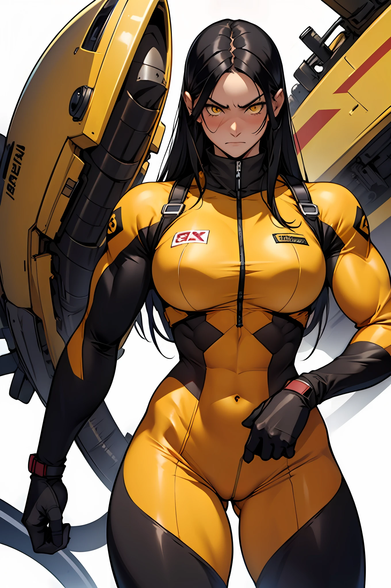 1girl, extremely long hair, solo, ((muscular)), veins, black hair, yellow eyes, blushing, thick thighs, pale skin, strong, veins, abs, big thighs, huge breasts, navel, standing, angry, bodysuit, skintight, pilot suit, simple background