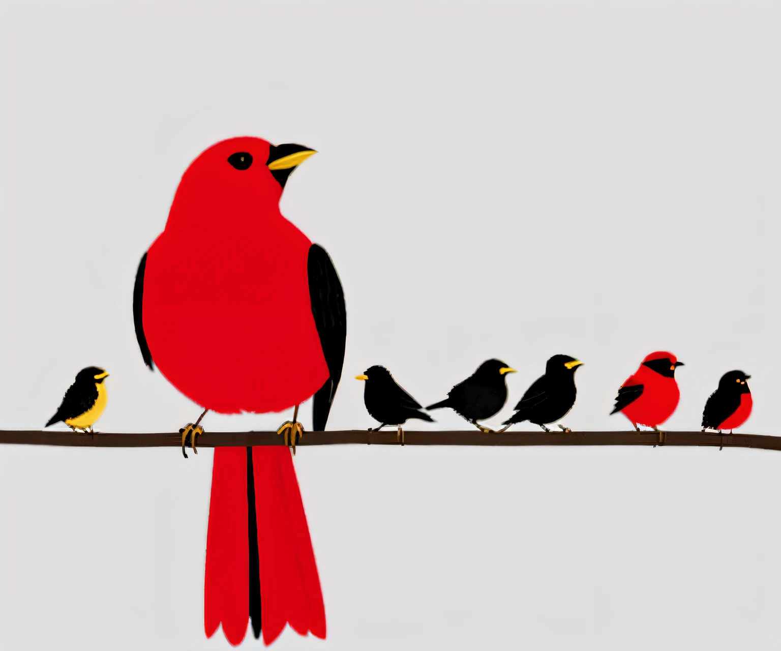 There are many birds sitting on a wire with a red arrow, one is red, in a row, holding electricity and birds, O homem se destaca na imagem, foto de perfil, simple illustration, Capuzes vermelhos, An illustraion, funny illustration, red bird, redering, em linha, Reduced minimal illustration, interesting composition, Directed by: Yi Gills, Directed by: Keren Katz