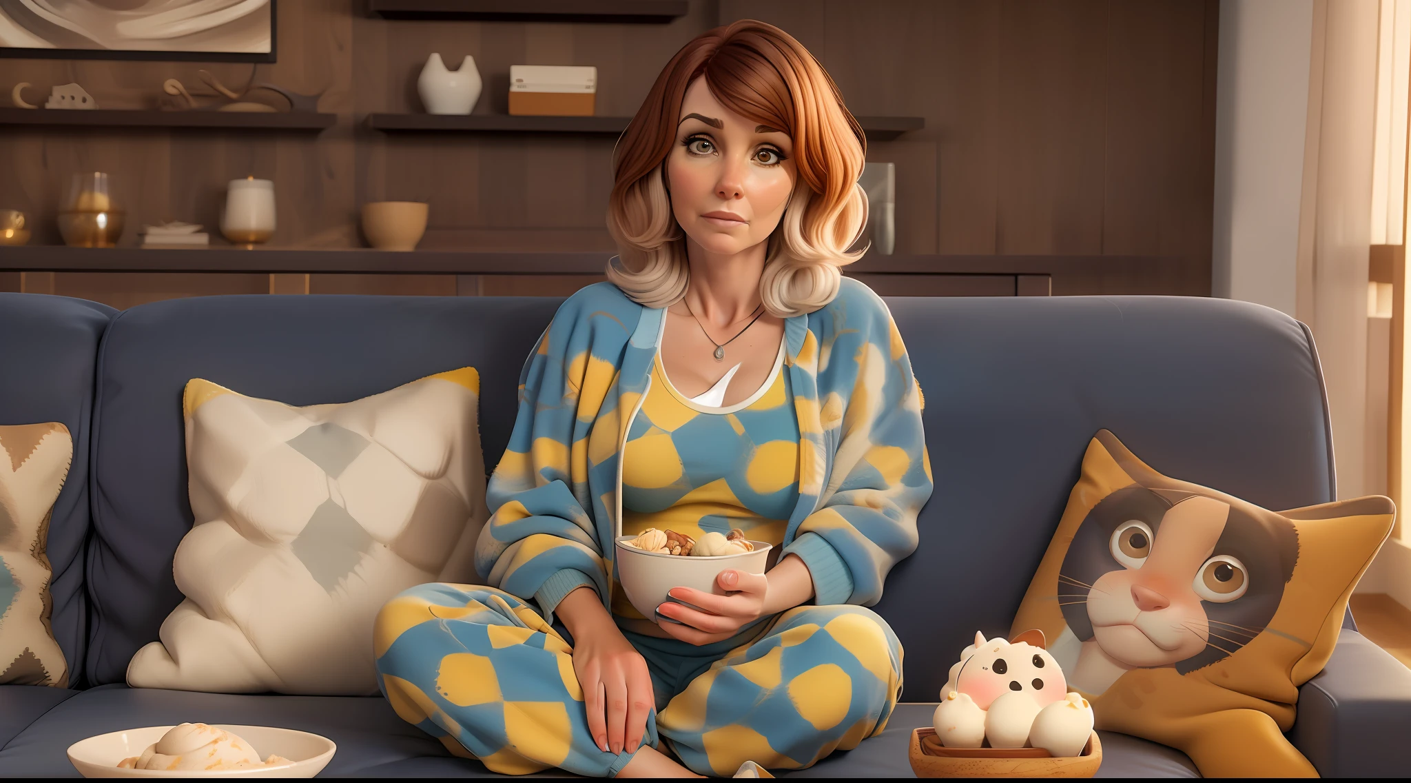 Imagem de Kari Byron com 54 anos, ((cabelos 100% castanhos textura realista)) olhar triste, tired face, vestindo uma camisa branca, sweatpants, seated in a couch, watching television, with a bowl of ice cream in hand, Realistic texture, alta qualidade, pele realista, Face with marked frown lines, Television-centric gaze, luz natural, noite, abajur ligado,