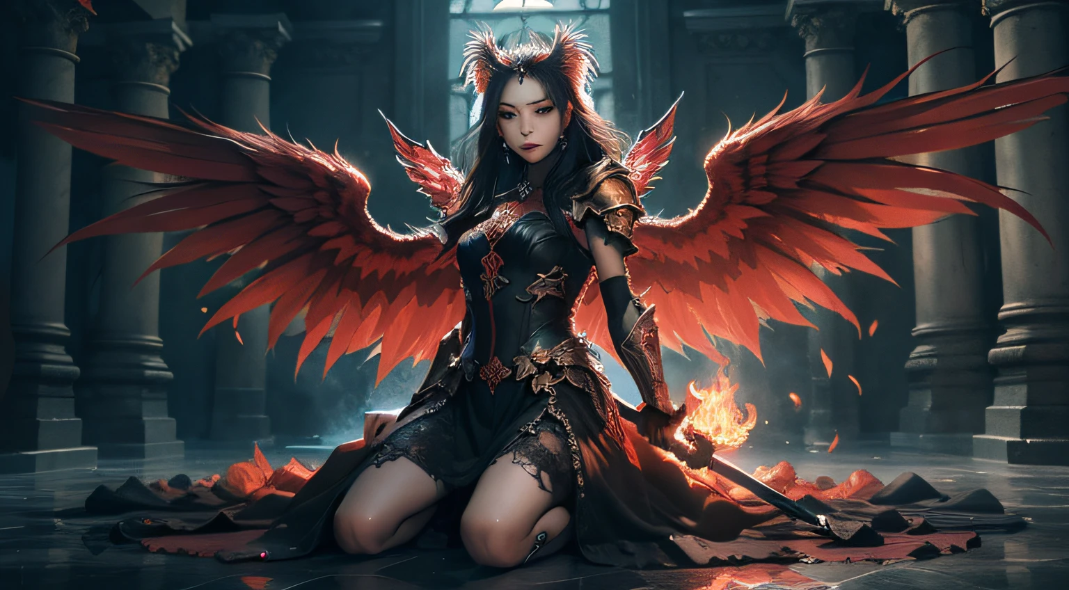 (extremely detailed CG unity 8k wallpaper,masterpiece, best quality, ultra-detailed, beautiful detailed eyes:1.2),best illumination, (best shadow, an extremely delicate and beautiful, bloom),
1gril,solo,red eyes,Heavy armor,long hair,holding sword,Angel wings,black wings,red jewelry,(big wings:1.4),Film filter,Satan, Hellfire,full body,demon,flame,