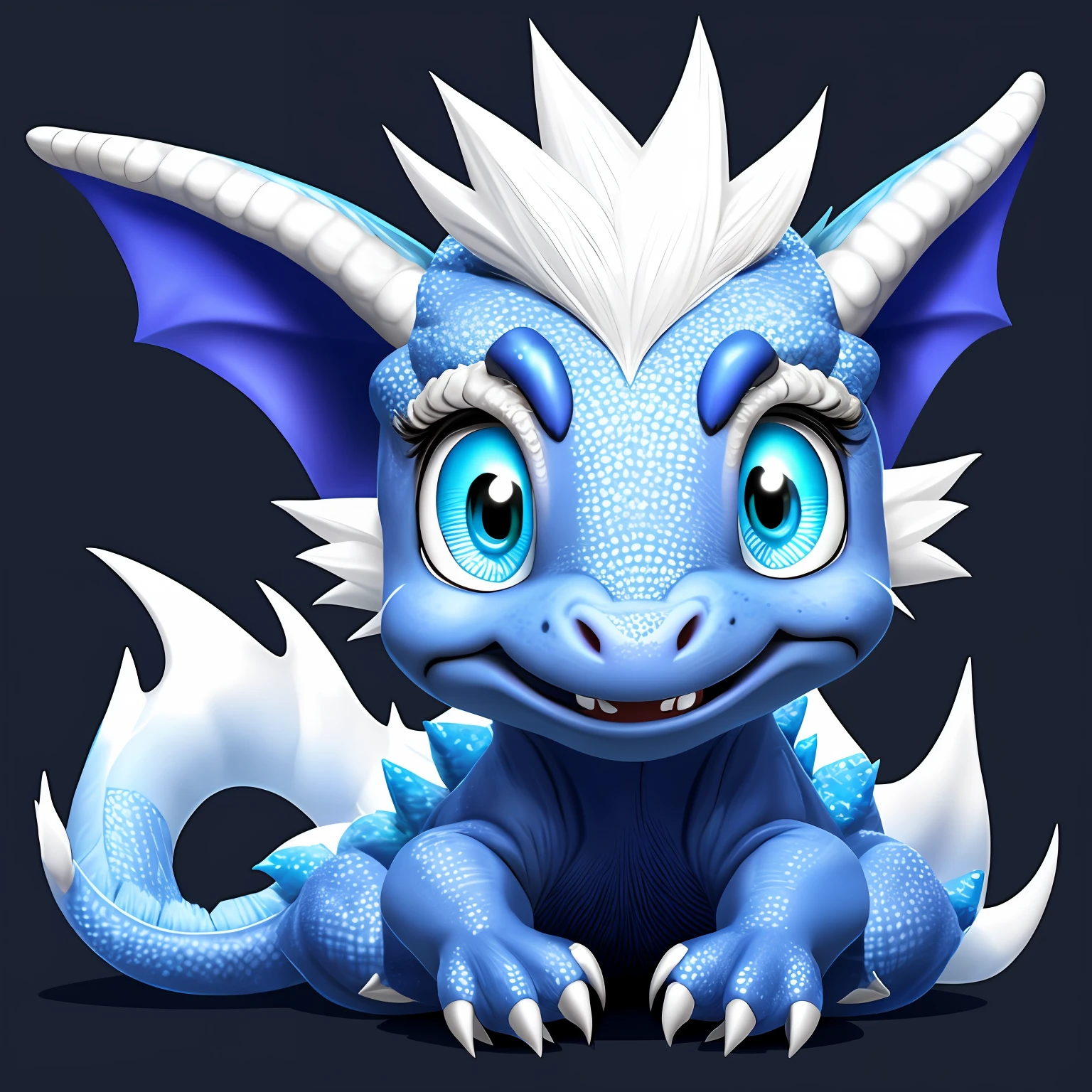 Create a dragon in blue color, olhos grande e feliz com um sorriso no rosto, on the head shiny white hair, small horns on the head covered by small hairs, Asas pequenas e peludas, uma longa cauda peluda com listras brancas, Cartoon