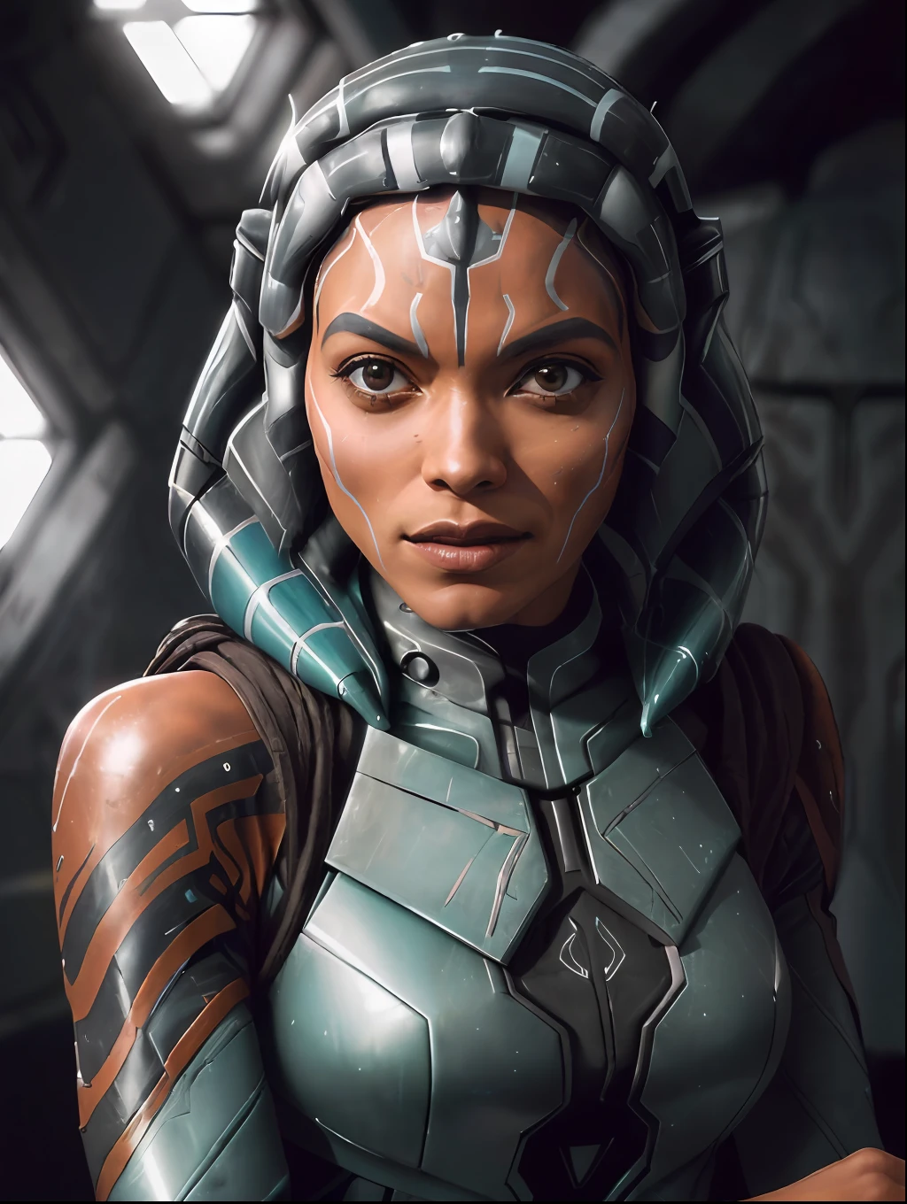 linda mulher, (((inspirada em "Ahsoka Tano" de "Ou Mandaloriano")), ((alien skin type)), ((Autorretrato frontal)), 8k UHD, DSLR, grain of film, pintura fotorrealista Fujifilm XT3 arte midjourney, ((como Rosario Dawson)),