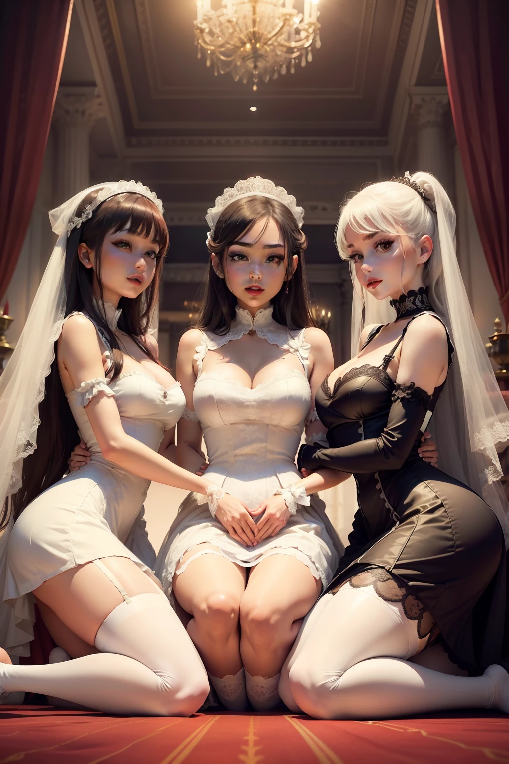 sexy maids girls kneeling in front of main character princess touching her dress while wearing maid dresses and stockings in the background, main character is noble young princess in bride wedding lace dress and stockings sitting on throne, full body shot, show full body from head to toes, only females on the picture, inside palace background, white and even teeth, makeup, lipstick, slim body