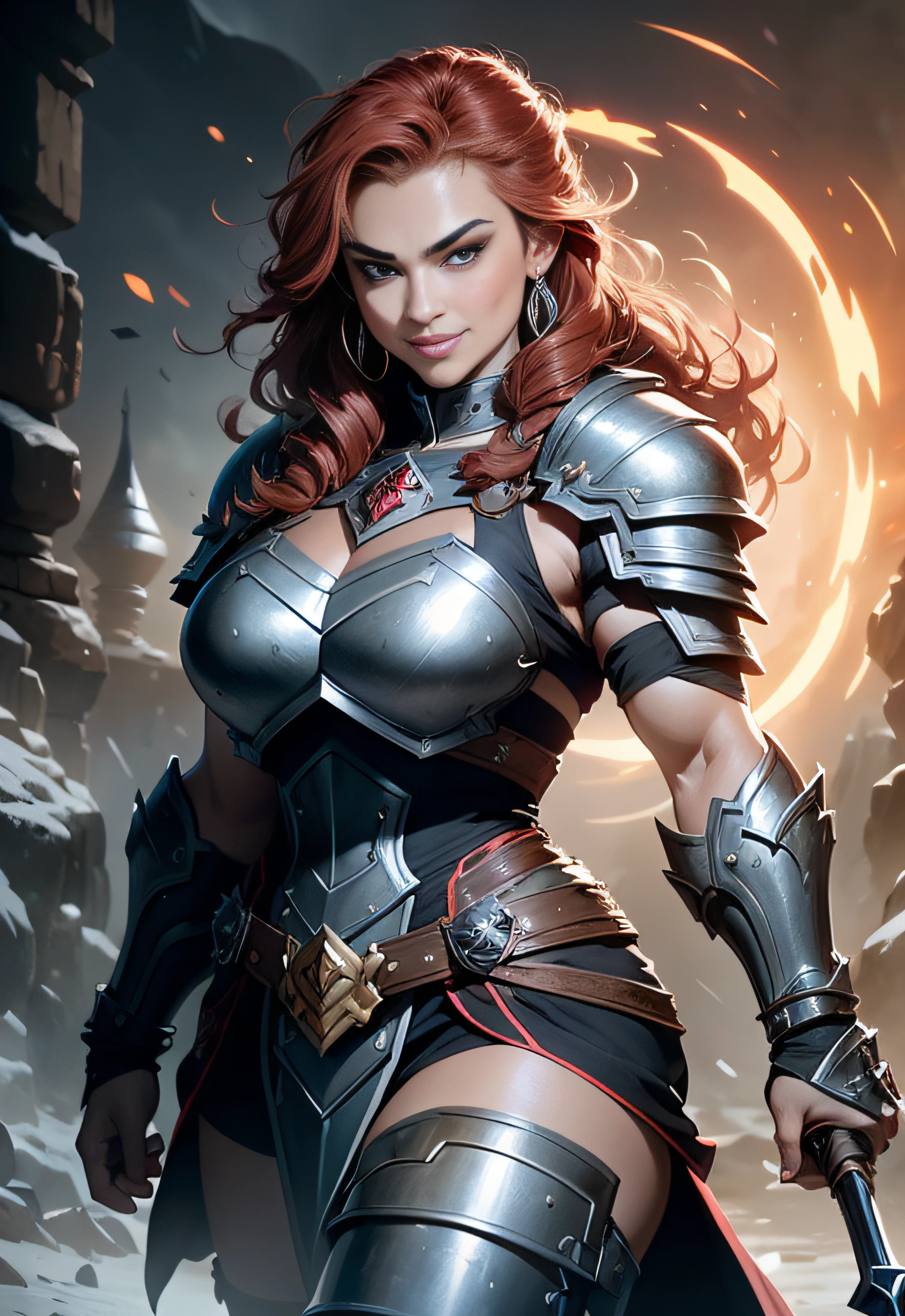 detailed dnd female dwarven fighter, muscular arms, full body, fully armored, full plate armor, waraxe, (smirk:1.3), (nose blush:1.1), (big eyes:1.2), blue eyes, facial scar, red hair, face of Irina Shayk, cinematic lighting, dynamic pose, shot on canon 5d, Greg Rutkowski, Yoji Shinkawa:0.6, adult