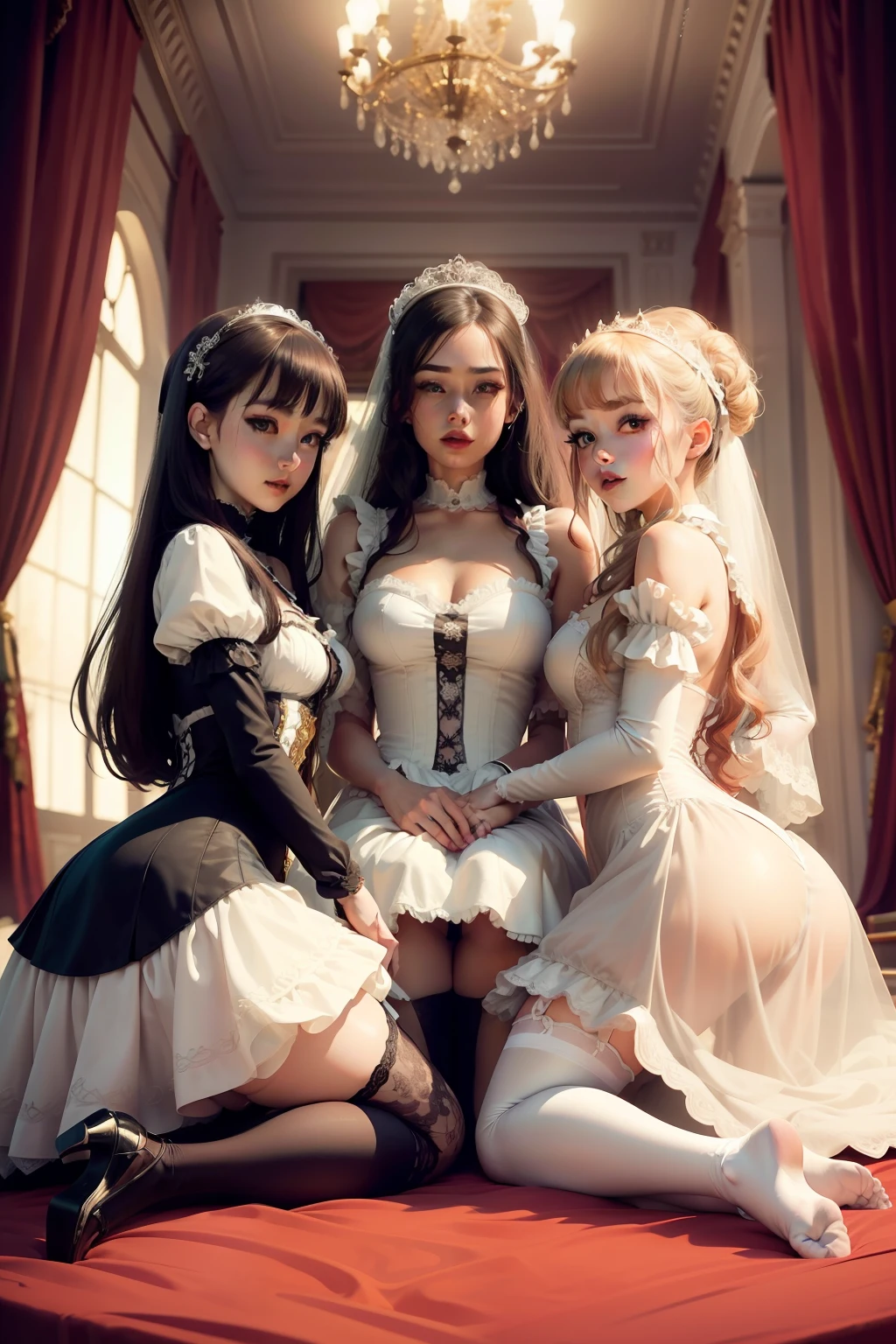 sexy maids girls kneeling in front of main character princess touching her dress while wearing maid dresses and stockings in the background, main character is noble young princess in bride wedding lace dress and stockings sitting on throne, full body shot, show full body from head to toes, only females on the picture, inside palace background, white and even teeth, makeup, lipstick, slim body
