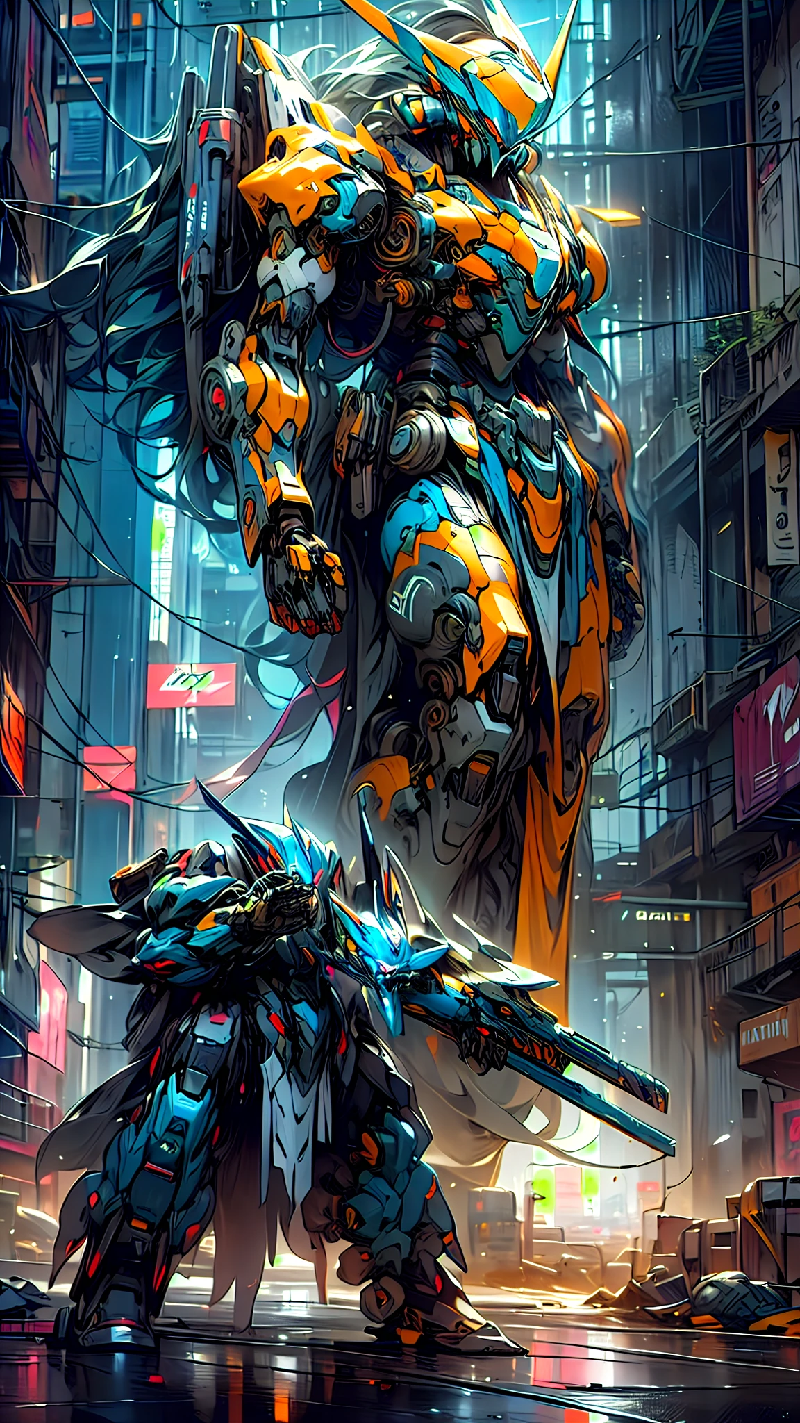 ((A visually immersive Cyberpunk Mecha action scene)) cobra vida con texturas profundas e intrincadas, reminiscent of a semi-realistic caustic art style inspired by the iconic DC Comics covers in the 90s. This artwork will be a stunning digital illustration, Capture the essence of cybernetic wonders and intense action. The scene will be set in a futuristic cyberpunk cityscape, with neon lights and towering skyscrapers, Immerse yourself in a world of technology and chaos. The mecha warriors and their high-tech machines will face off in a fierce and adrenaline-filled battle..., Showcasing the Fusion of Human Resilience and Cutting-Edge Mecha War. The artwork will be inspired by the authentic artistic style of Artgerm Lau, Delivering a faithful representation of DC Comics covers from the 90s, lleno de profundidad y cautivador Detalles. The goal is to create a visually captivating masterpiece that pays homage to the golden age of comics while infusing it with the exciting world of Cyberpunk Mecha Action.....( arte oficial)highres noiseoffset