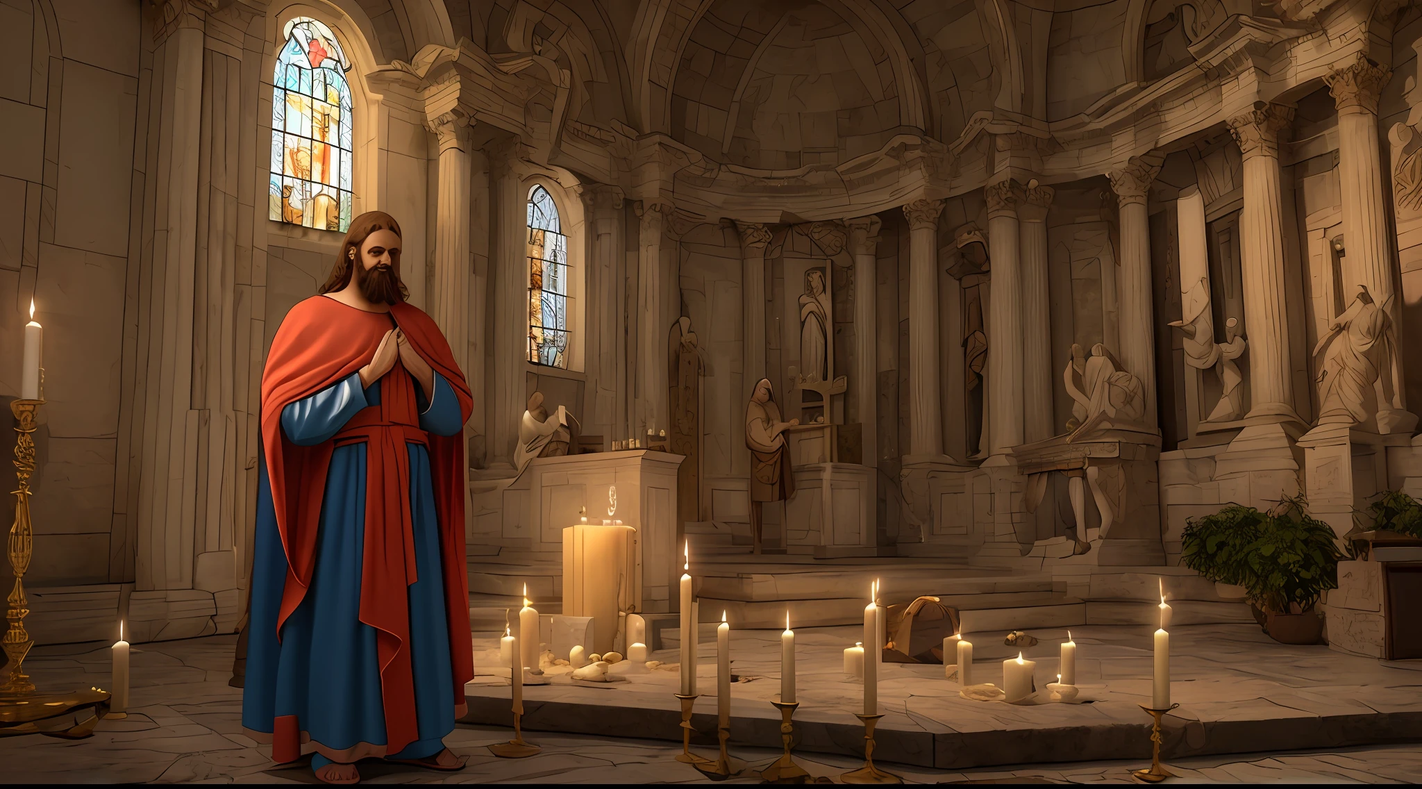 Apostle Paul in a prayer scene for the church of Ephesus. It should be in a historical setting, como uma igreja antiga, with symbolic elements related to faith and its mission. A cena deve transmitir serenidade, spirituality and devotion. Use soft colors and proper lighting to highlight the importance of prayer, realista, 8K hd, super realista