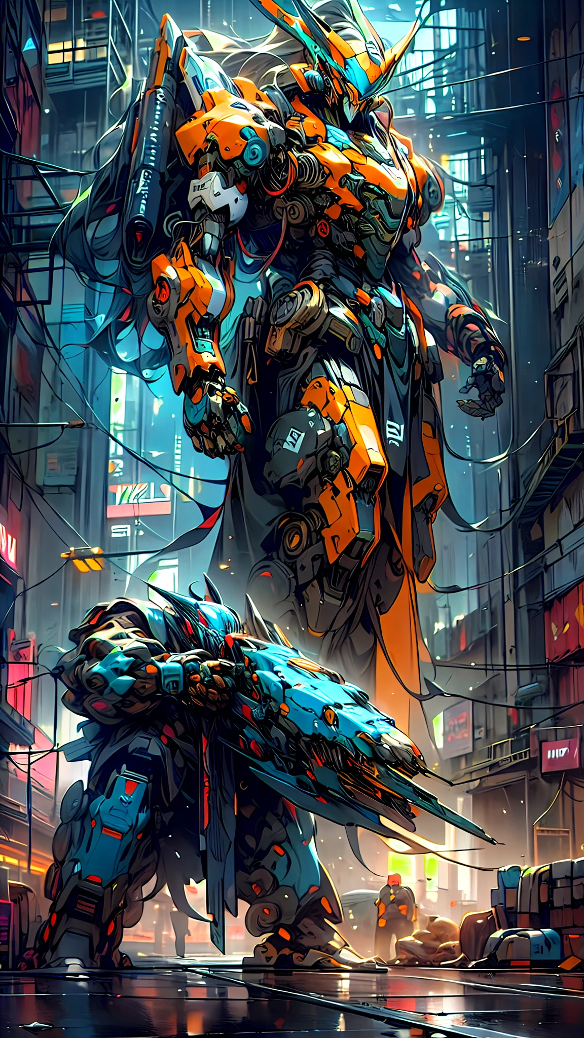 ((A visually immersive Cyberpunk Mecha action scene)) cobra vida con texturas profundas e intrincadas, reminiscent of a semi-realistic caustic art style inspired by the iconic DC Comics covers in the 90s. This artwork will be a stunning digital illustration, Capture the essence of cybernetic wonders and intense action. The scene will be set in a futuristic cyberpunk cityscape, with neon lights and towering skyscrapers, Immerse yourself in a world of technology and chaos. The mecha warriors and their high-tech machines will face off in a fierce and adrenaline-filled battle..., Showcasing the Fusion of Human Resilience and Cutting-Edge Mecha War. The artwork will be inspired by the authentic artistic style of Artgerm Lau, Delivering a faithful representation of DC Comics covers from the 90s, lleno de profundidad y cautivador Detalles. The goal is to create a visually captivating masterpiece that pays homage to the golden age of comics while infusing it with the exciting world of Cyberpunk Mecha Action.....( arte oficial)highres noiseoffset