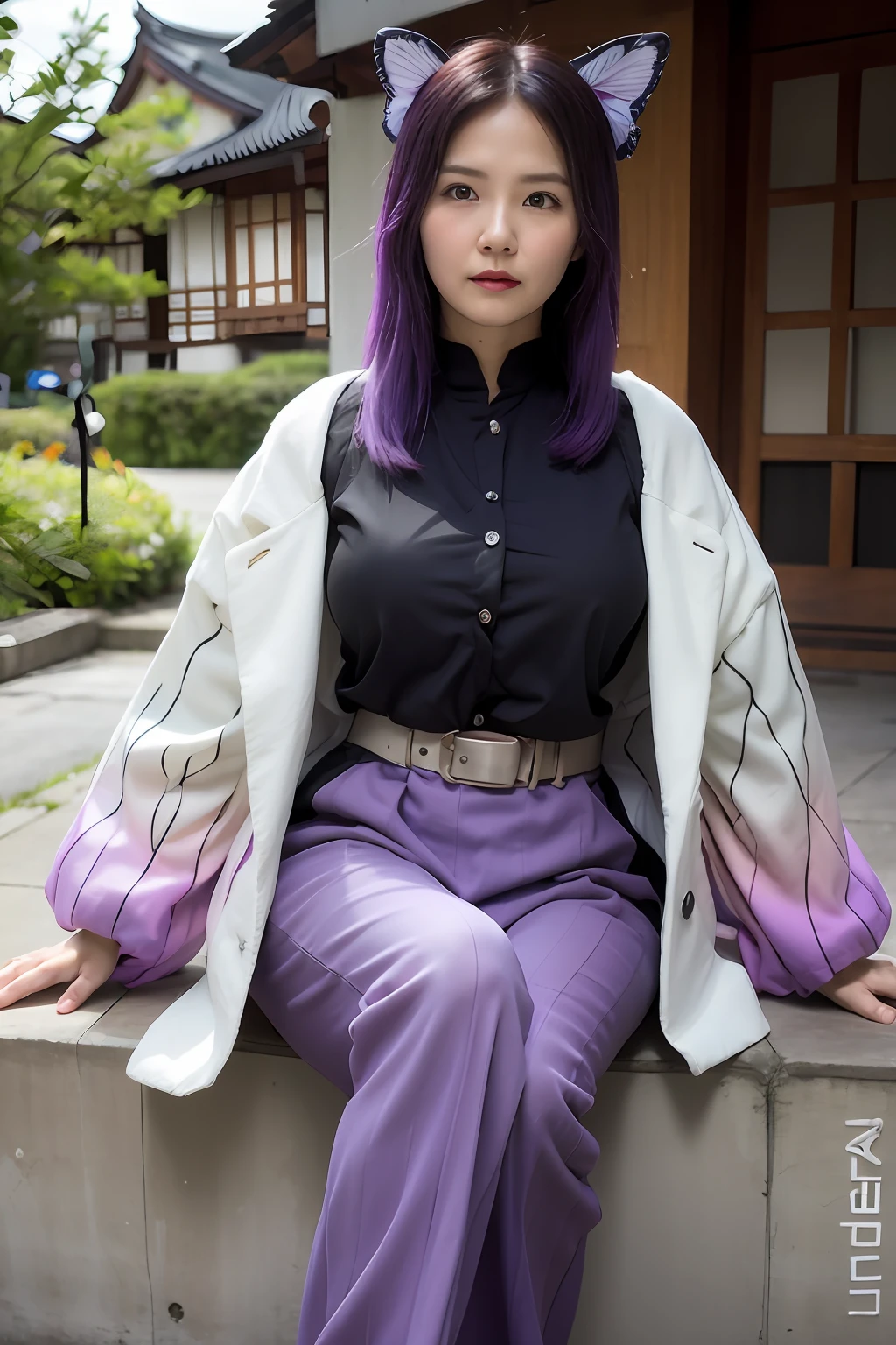 purple haired woman sitting on a wall with her arms crossed, iridescent sci-fi kimono, inspired by Itō Shinsui, pale and coloured kimono, maya fey from ace attorney, full body white purple cloak, wearing a haori, sakimichan, sakimichan hdri, mid shot portrait, wearing a purple detailed coat, shikamimi