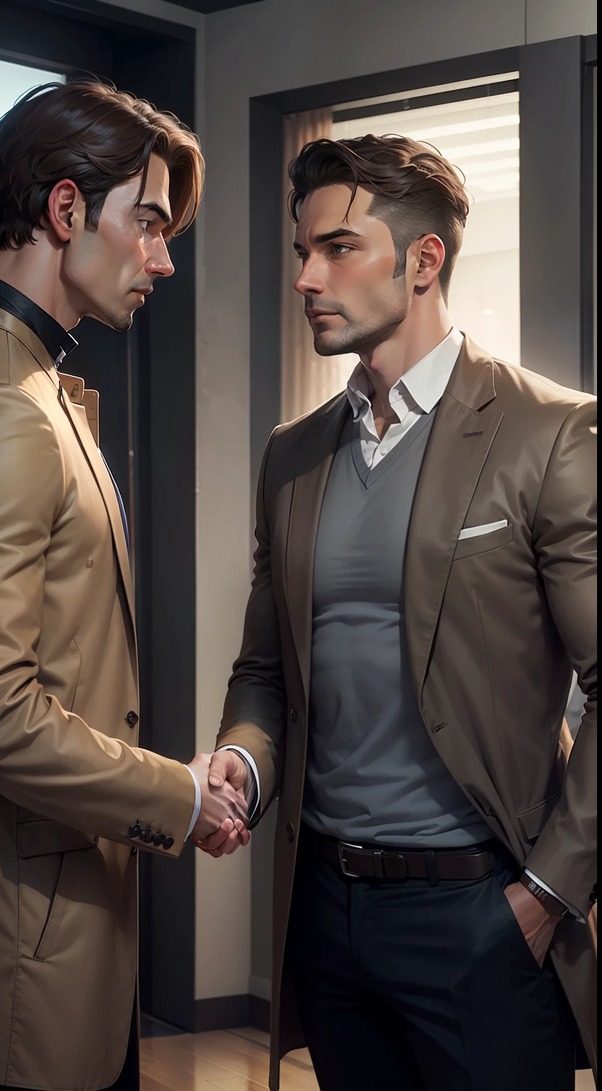 A male detective in brown coat, and a normal man in grey t-shirt, shaking hands.