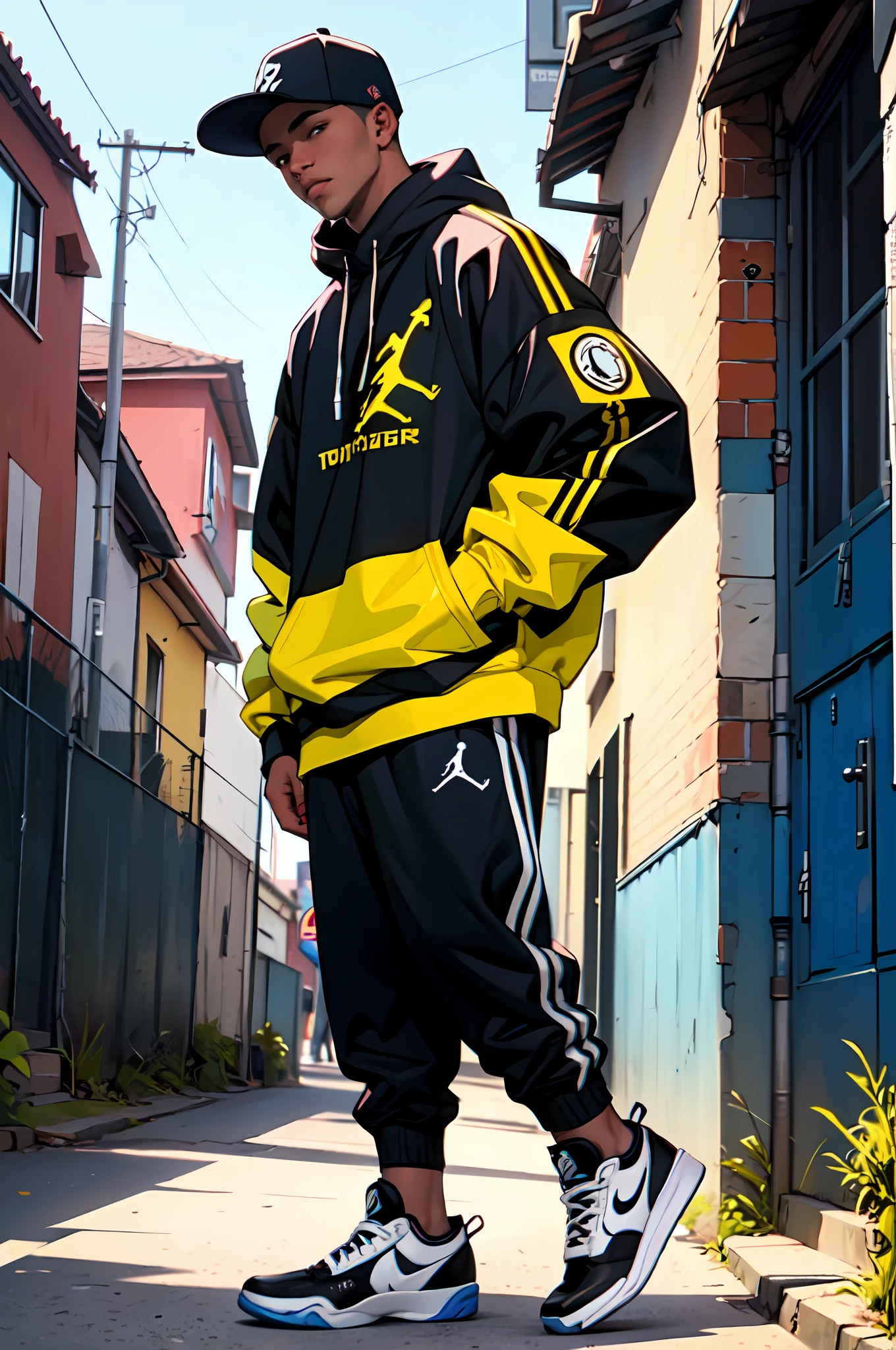 (Melhor qualidade), (obra-prima), (intrincado), 1 garoto, rapper, roupas estilo streetwear, Air Jordan Sneakers, Tennis POV angle to head, em um beco populoso