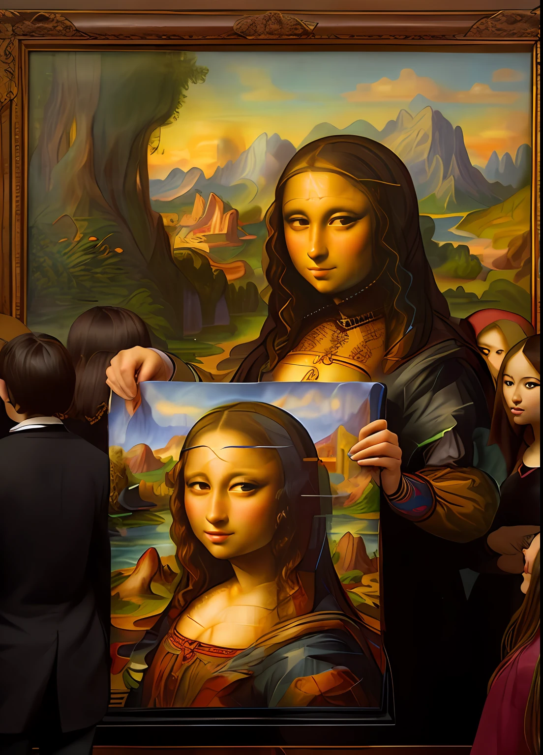 Arafed Picture Woman Holds Picture Woman, Painting by Mona Lisa, ((Mona Lisa)), masterpiece portrait, Painting by Mona Lisa, Monalisa, Mona Lisa, Mona Lisa, portrait of Mona Lisa, Similar to Mona Lisa, Mona Lisa Style, A Dutch masterpiece, An expensive masterpiece, masterpiece work of art, A breathtaking masterpiece of art