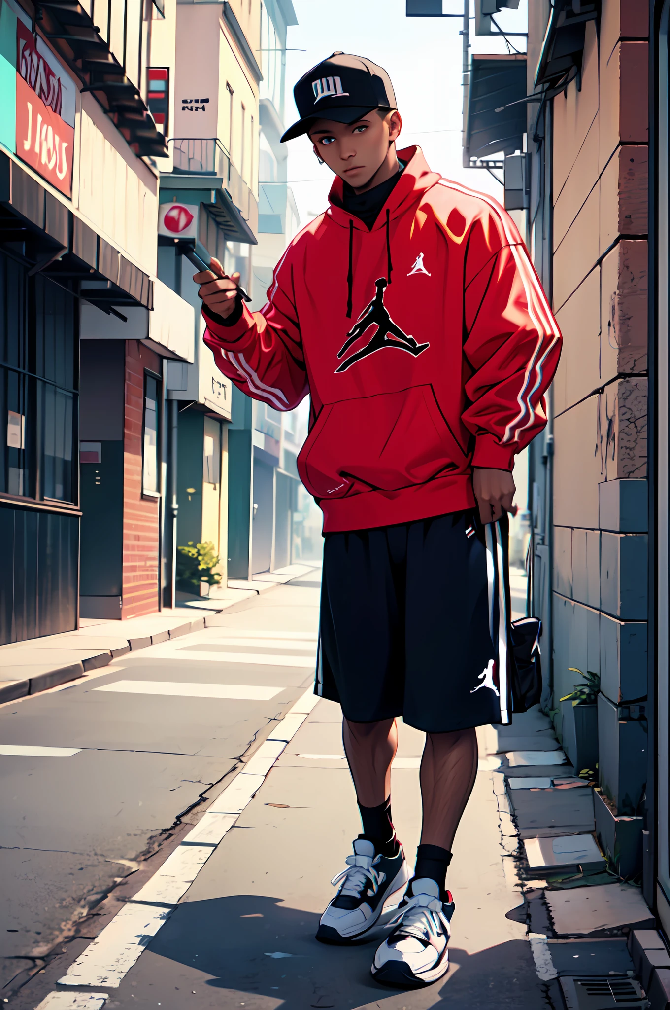 (Melhor qualidade), (obra-prima), (intrincado), 1 garoto, rapper, roupas estilo streetwear, Air Jordan Sneakers, Tennis POV angle to head, em um beco populoso