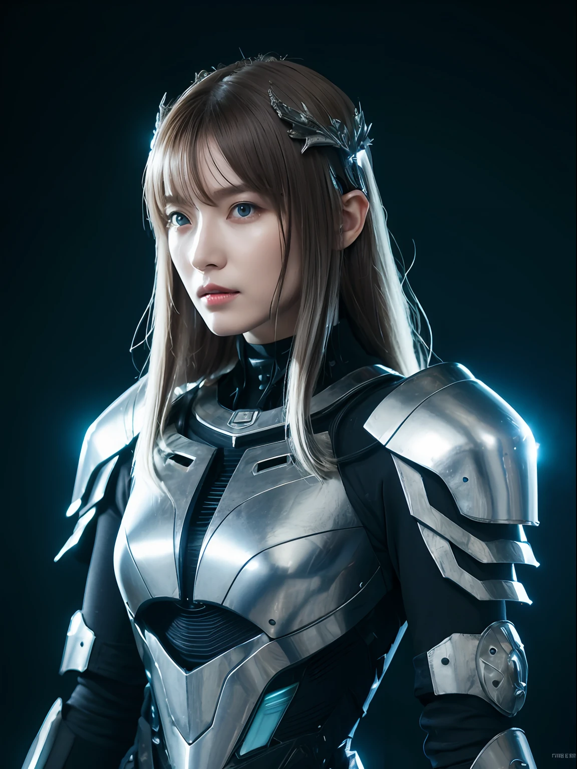 Surrounded by glowing butterflies,Masterpiece, Best quality, high resolution, 8K, Portrait, Realistic photo,( Combine clothing with Korean fashion design),Digital photography, full bodyesbian, 1 16-year-old girl, (Cyborg), Beautiful blue-gray gradient long hair, Blue eyes, iintricate, Highly detailed, head gear,The crown of evil, Black dress, ,Silver metal exoskeleton armor, Intricate knightly hollow armor,power armour, Openwork design, mechanical structure, Photo pose, Solemn,, Red lips, From the movie《Final Fantasy XV》.Metallic texture, oc rendered,Reflective texture, ((Clothing cutting)), background inside dark,