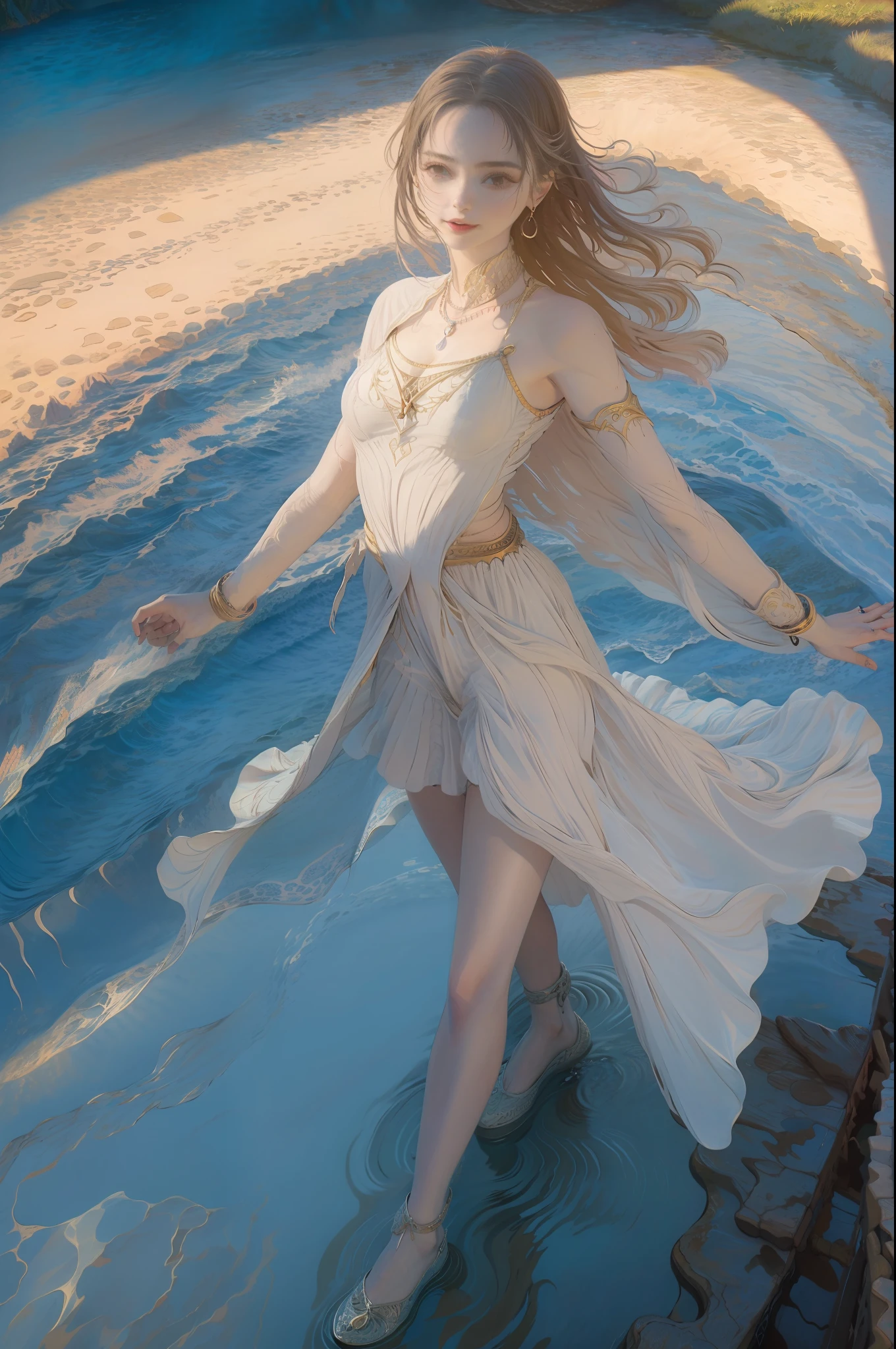 A very beautiful young woman stands in the water of a river and shouts with joy with her hands raised....... (Good Composition) (obra de arte) (Arte expresivo). (((Pechos masivos gigantes)))