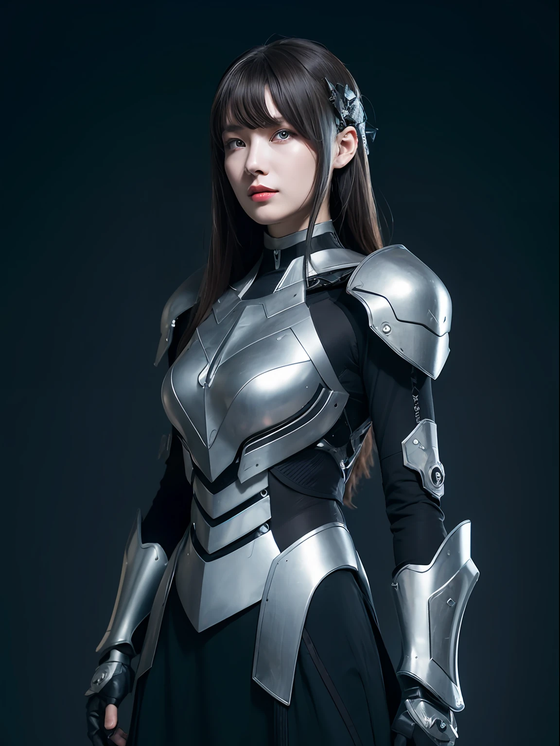 Surrounded by glowing butterflies,Masterpiece, Best quality, high resolution, 8K, Portrait, Realistic photo,( Combine clothing with Korean fashion design),Digital photography, full bodyesbian, 1 16-year-old girl, (Cyborg), Beautiful blue-gray gradient long hair, Blue eyes, iintricate, Highly detailed, head gear,The crown of evil, Black dress, ,Silver metal exoskeleton armor, Intricate knightly hollow armor,power armour, Openwork design, mechanical structure, Photo pose, Solemn,, Red lips, From the movie《Final Fantasy XV》.Metallic texture, oc rendered,Reflective texture, ((Clothing cutting)), background inside dark,