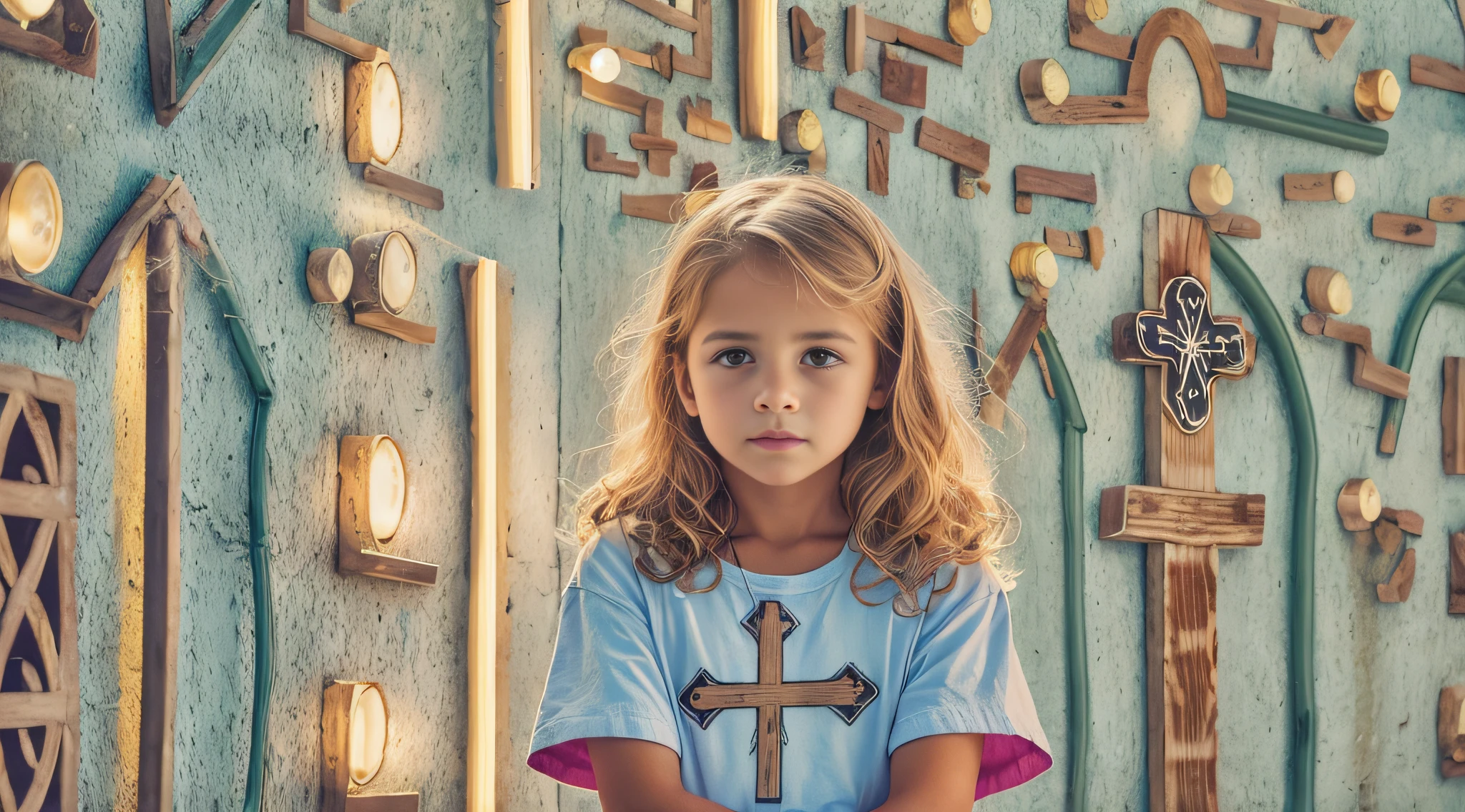 kids LOIRA 10 ANOS, cabelos muito longos, uma cruz , retrato, foto de zoom detalhada, Crucifixo, Cruzes, cruz, neon cross, neon.