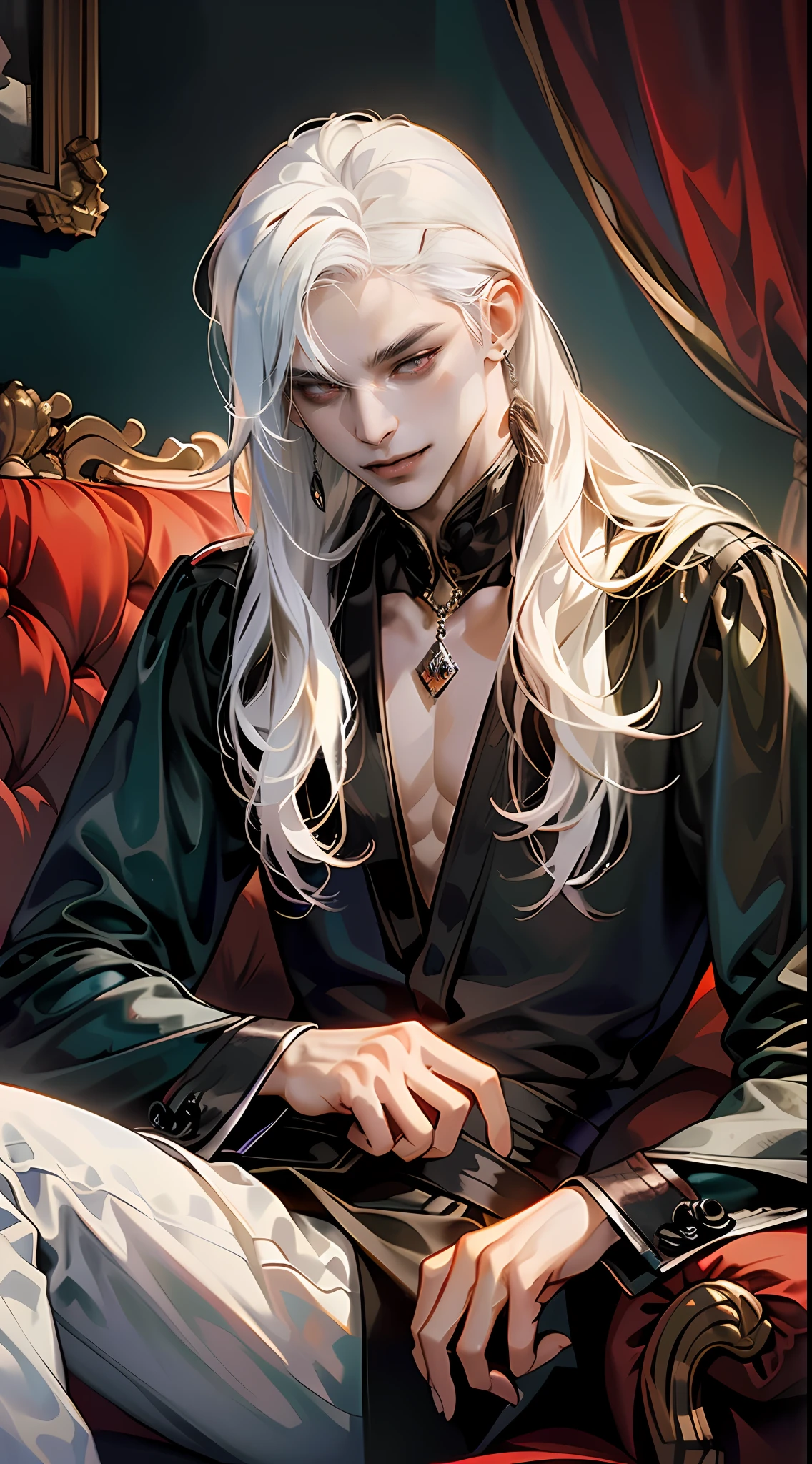 (tmasterpiece, high resolution, ultra - detailed:1.0), (1boy, Young male), Perfect male body, (Sexy male vampire:1.3), Eyes look at the camera, Delicate eyes and delicate face, Extremely detailed CG, Unity 8k wallpaper, Complicated details, solo person, Detailed face, (Red eyes, Stylish and sexy menswear, Metal necklace, Sit on the sofa in a dark deluxe room, Modern Gothic costumes, earring, Long white hair), (Evil smile, grin), Male model, show Clavicle, (gothic theme:1.3), color difference, Depth of field, dramatic shadow, Ray tracing, Best quality, offcial art, Portrait