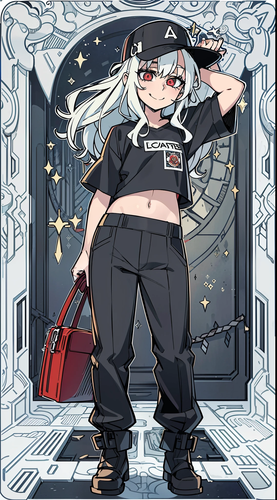 anime, card, tarot , illustration, artstyle, (child body:1.3), long white hair, red eyes, (masterpiece, best quality:1.2), (solo), (1girl), best quality, (photorealistic:1.4),ultra detailed, solo, (full body:1.5), love in eyes, blushing, cute, smile, black croptop outfit, long pants, black bucket hat, hands raised above the head
