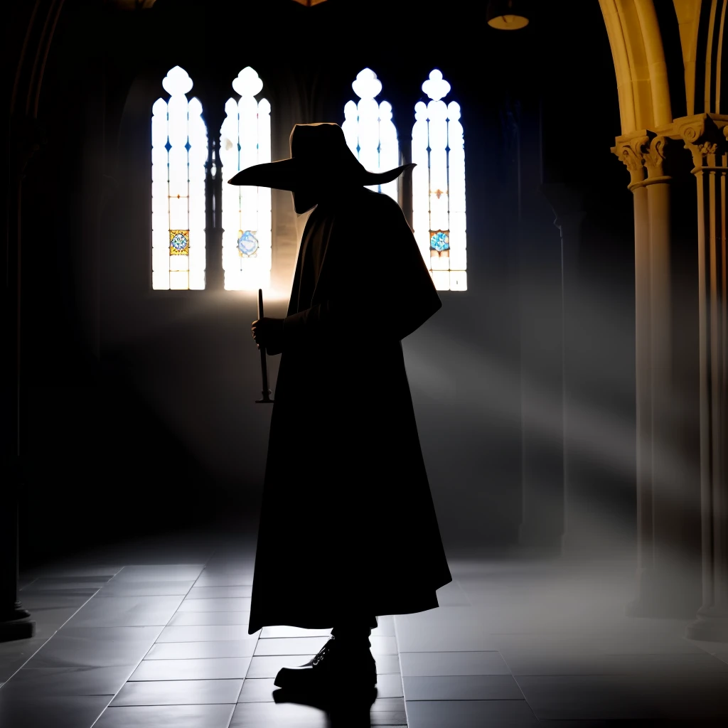 A  plague doctor in an medieval cathedral,   occult, dark theme, volumetric light, natural light, eyes hidden, dark lighting, gloomy