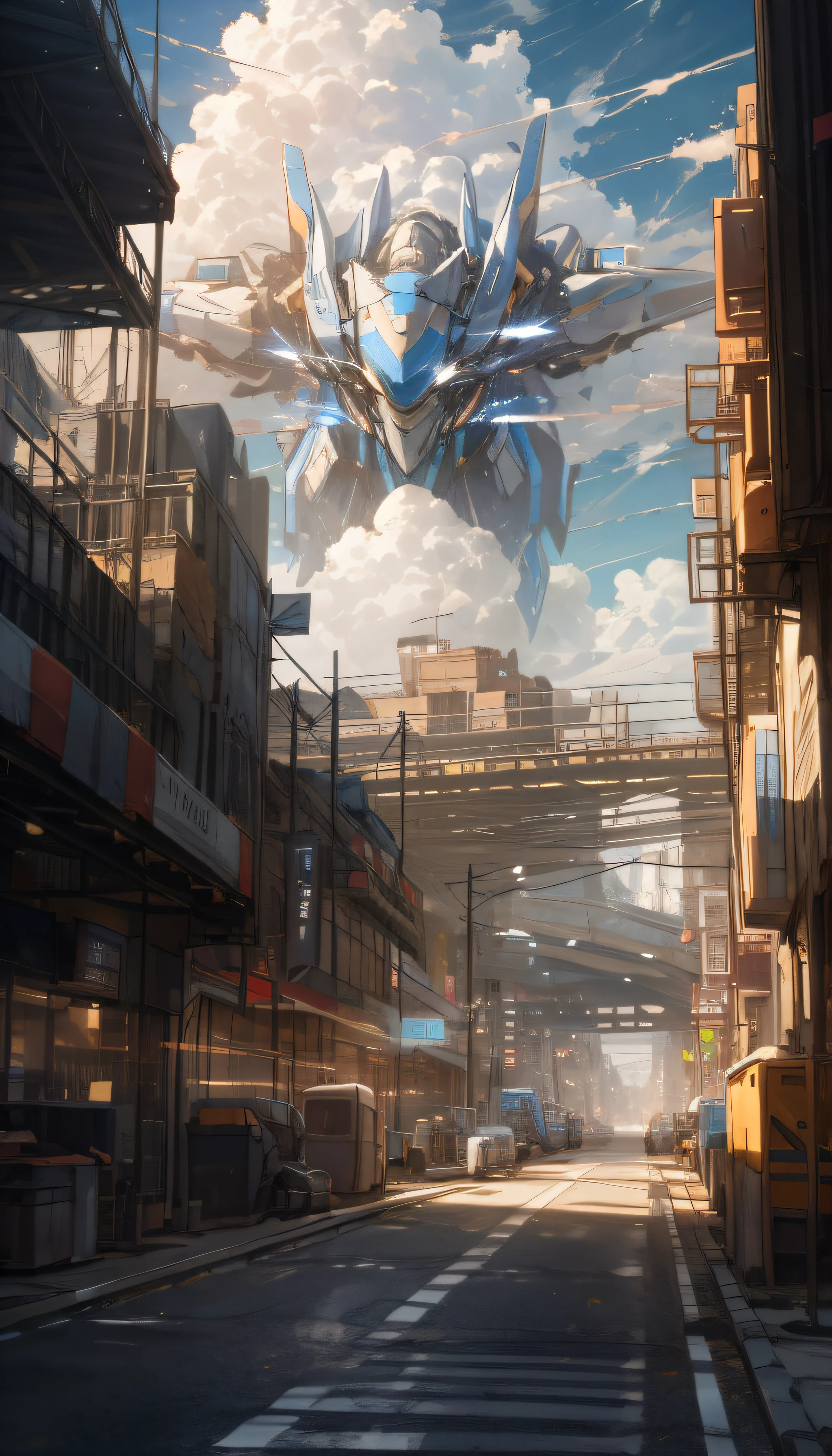Sky, Clouds, holding_weapon, no_humans, Glow, Robots, Architecture, Science Fiction, Cities, Reality --v6