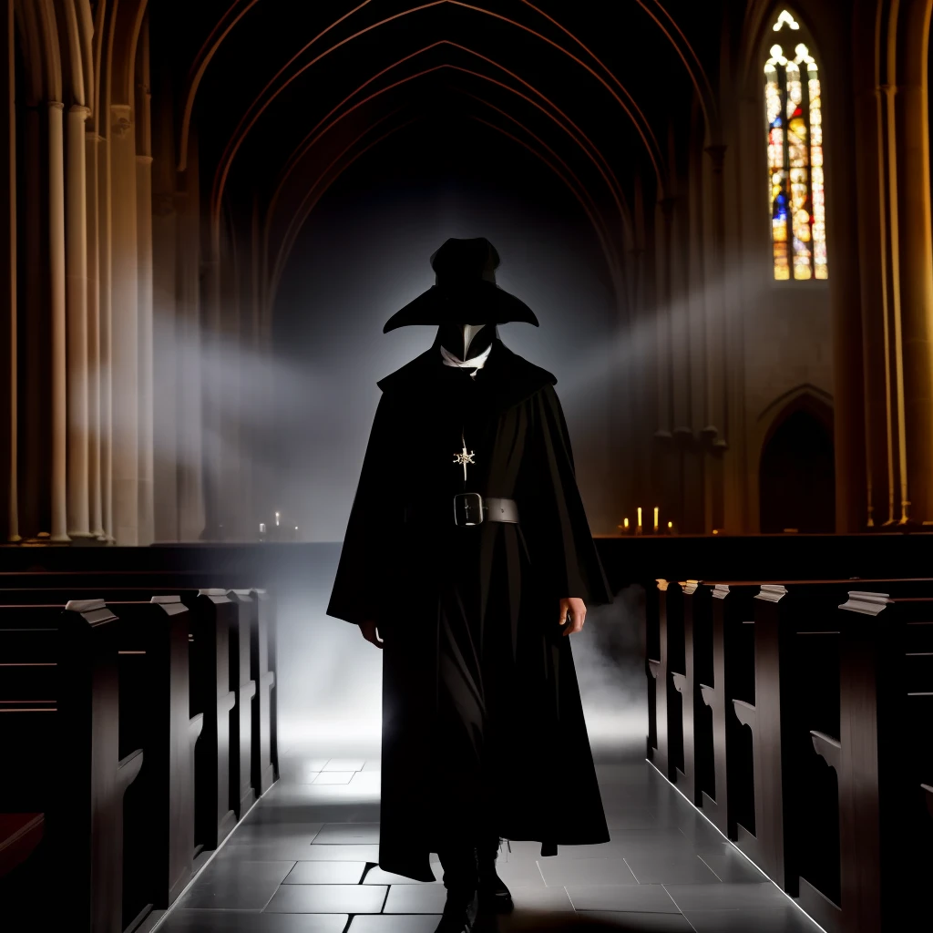 A  plague doctor in an medieval cathedral,   occult, dark theme, volumetric light, natural light, eyes hidden, dark lighting, gloomy